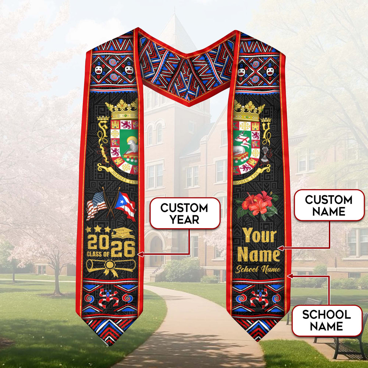 Custom Puerto Rico Graduation Stole 2026 Coat of Arms Flags Hibiscus Graduation Sash