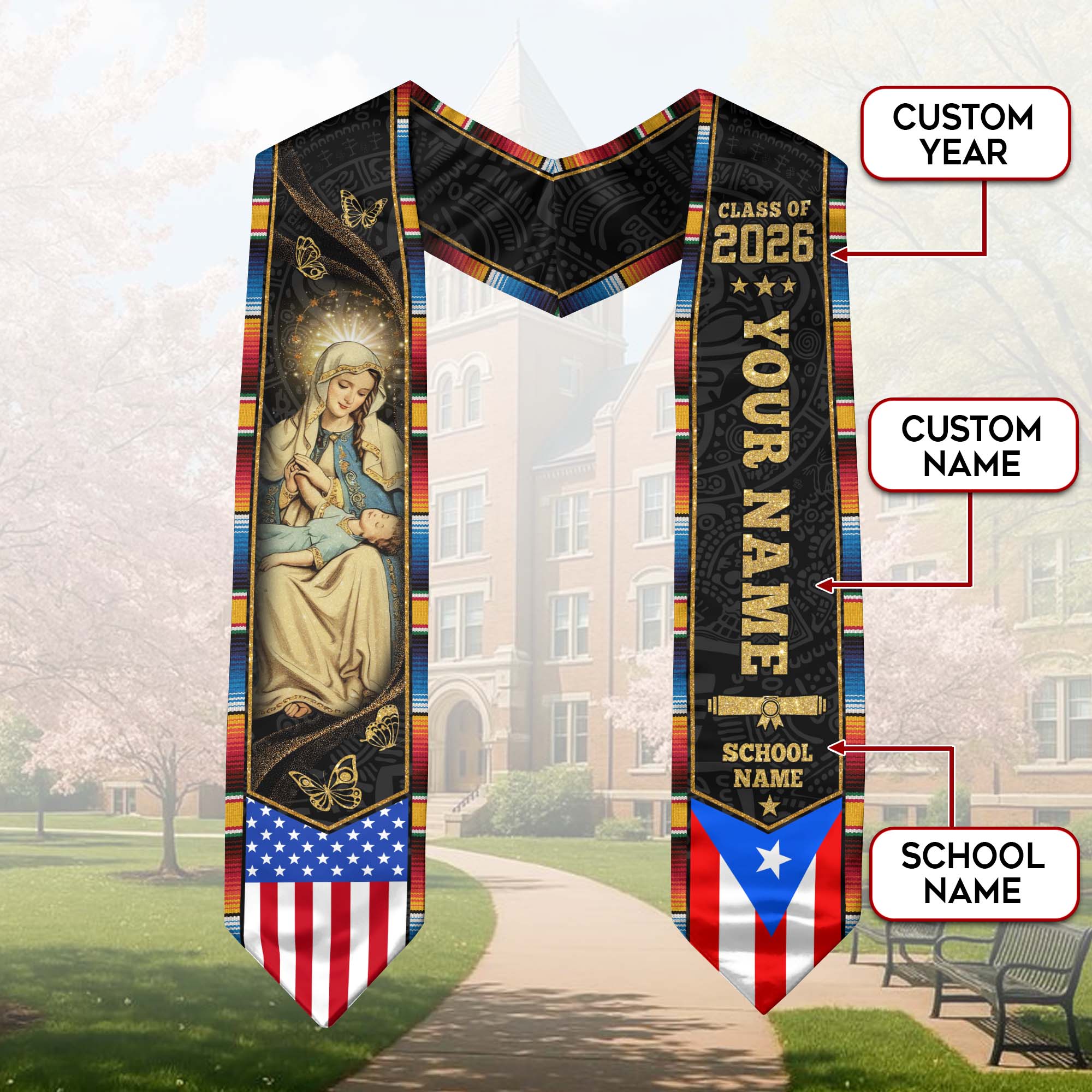 Custom Puerto Rico Graduation Stole 2026 Virgin Mary Butterfly USA Flag Graduation Sash