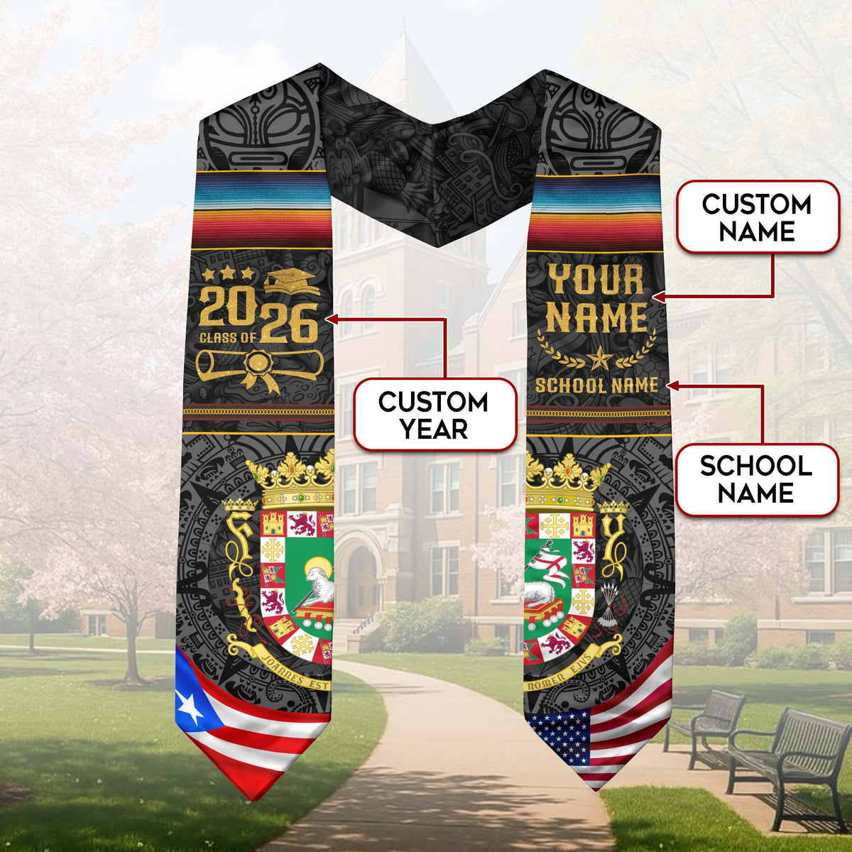 Custom Puerto Rico Graduation Stole 2026 Coat of Arms USA PR Flags Graduation Sash