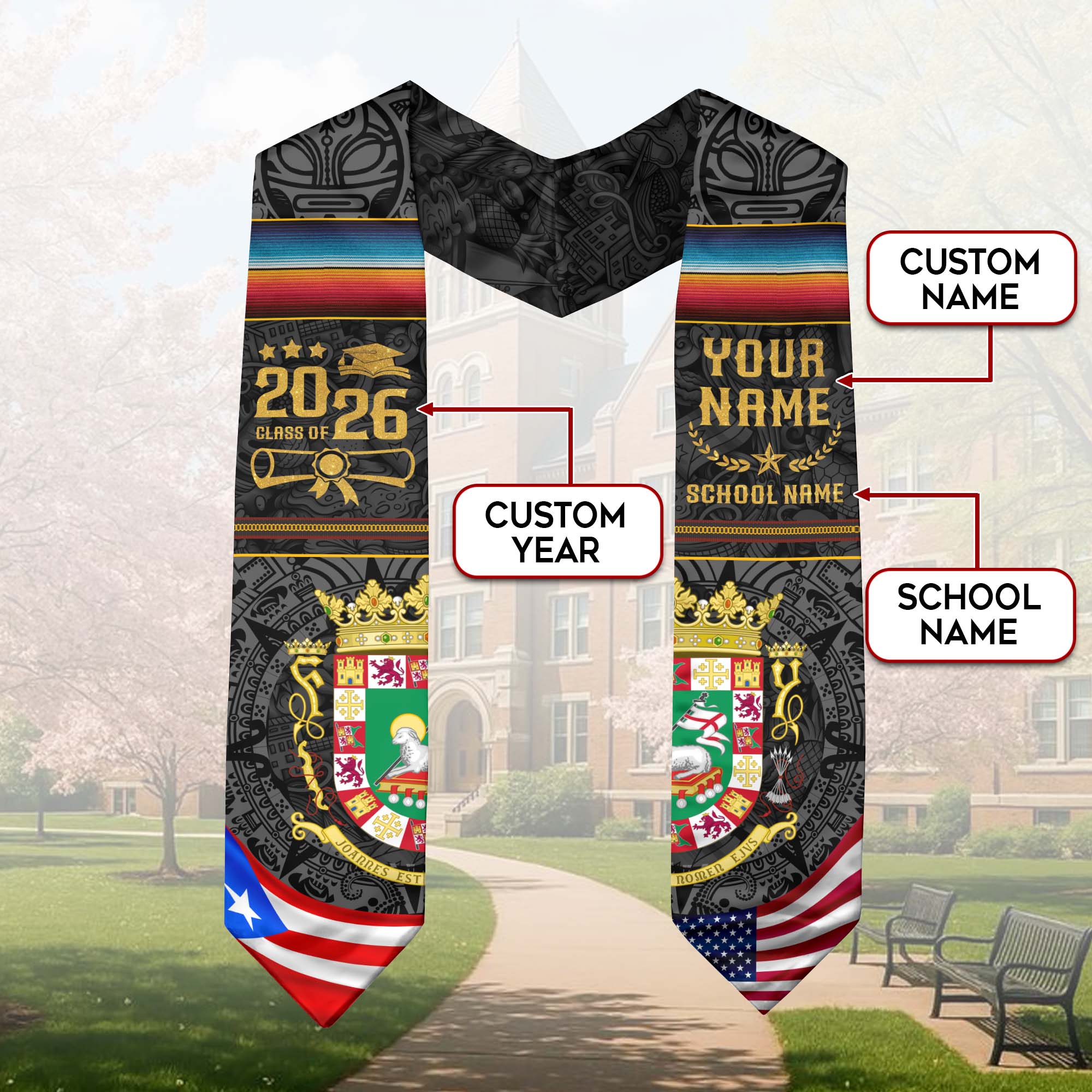 Custom Puerto Rico Graduation Stole 2026 Coat of Arms USA PR Flags Graduation Sash