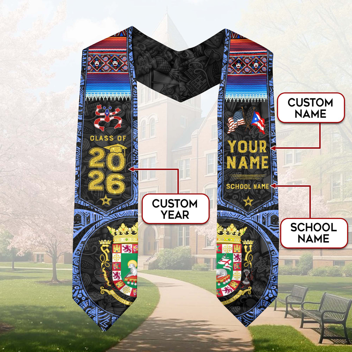 Personalized Puerto Rico Graduation Stole 2026 Heritage Flag Taino Art Graduation Sash
