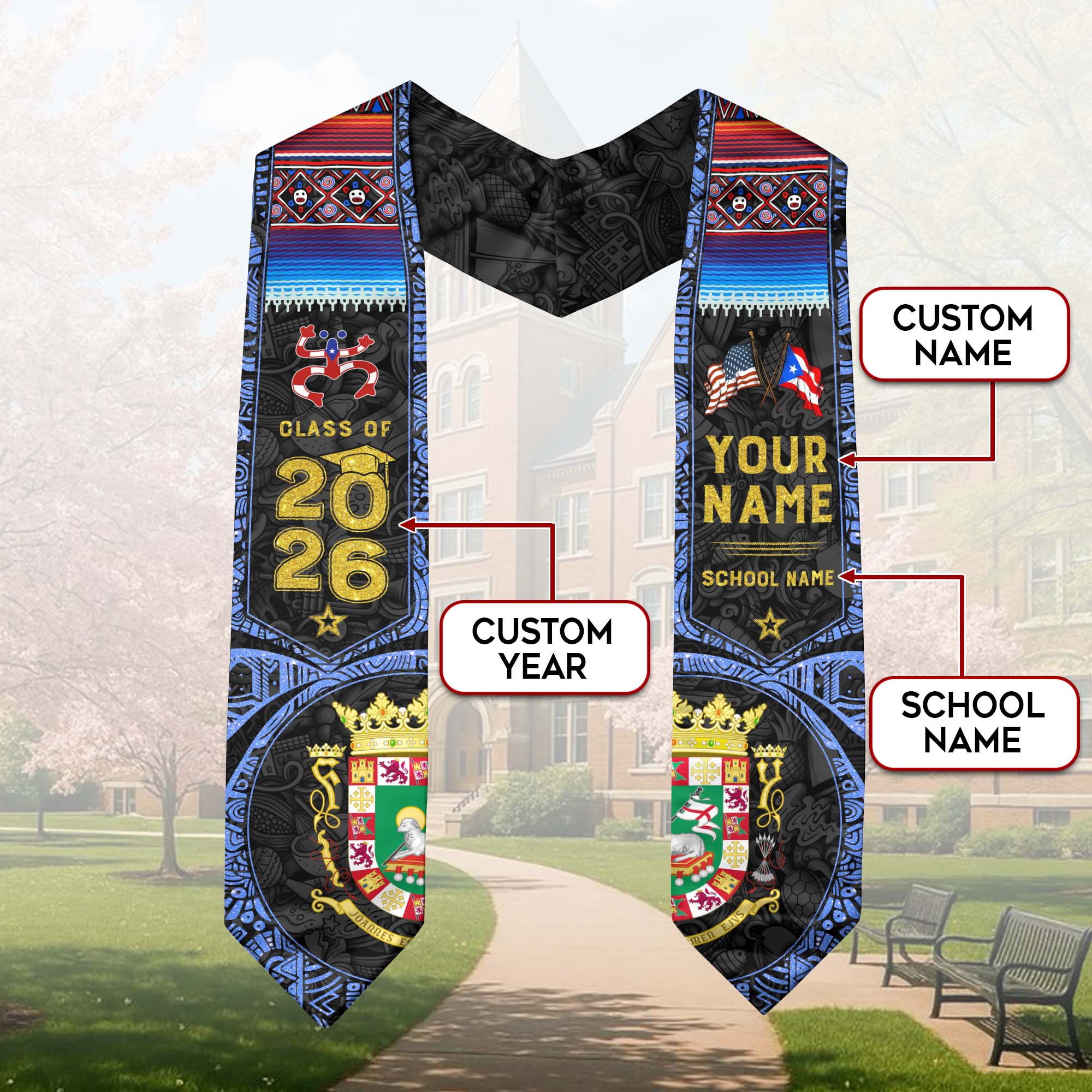 Personalized Puerto Rico Graduation Stole 2026 Heritage Flag Taino Art Graduation Sash