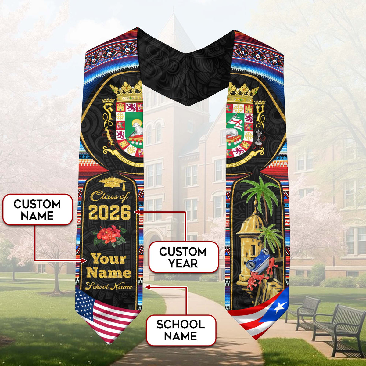 Custom Puerto Rico Graduation Stole 2026 El Morro Garita Coqui Frog Graduation Sash