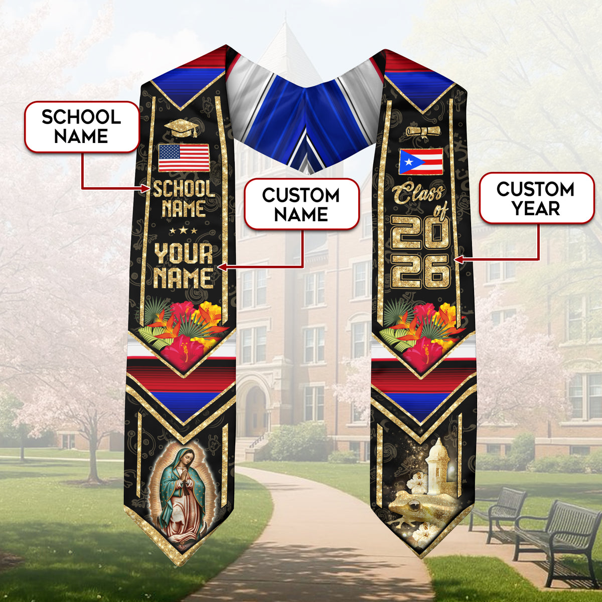 Custom Puerto Rico American Flag Graduation Sash Class of 2026 Puerto Rican Stole Coqui