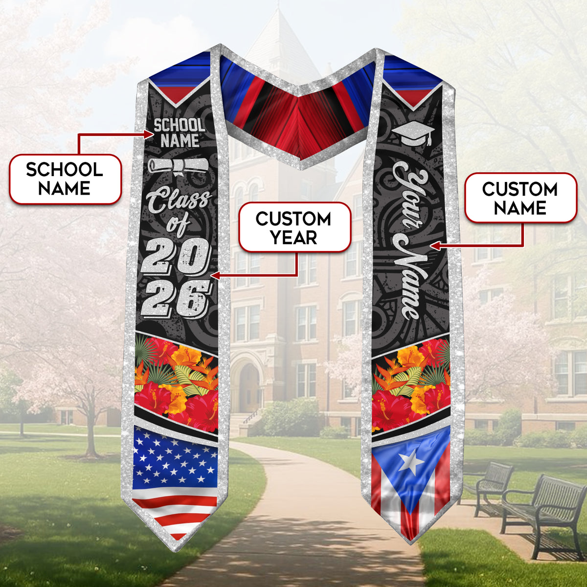 Custom Puerto Rico American Flag Graduation Sash 2026 Glitter Puerto Rican Stole Floral