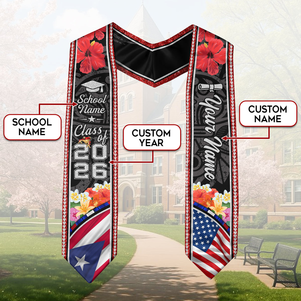 Custom Puerto Rico American Flag Graduation Sash 2026 Floral Glitter Tribal Puerto Rican Stole