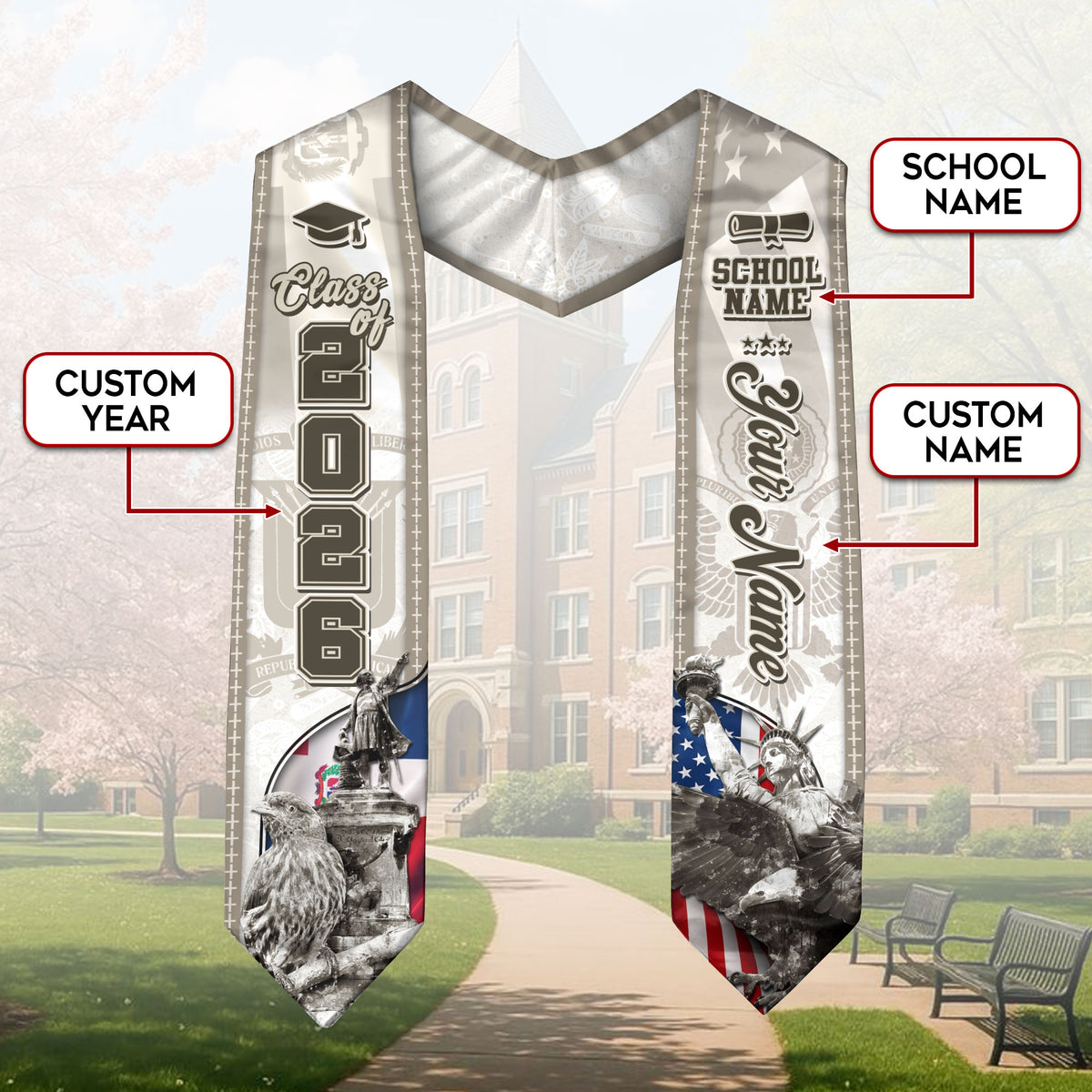 Custom Puerto Rico American Flag Graduation Sash 2026 Liberty Fort Puerto Rican Stole