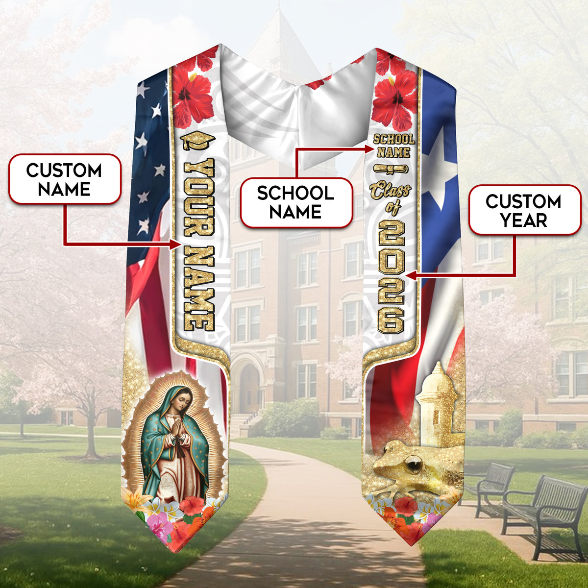Custom Puerto Rico American Flag Virgin Mary Coqui 2026 Puerto Ricans Graduation Sash