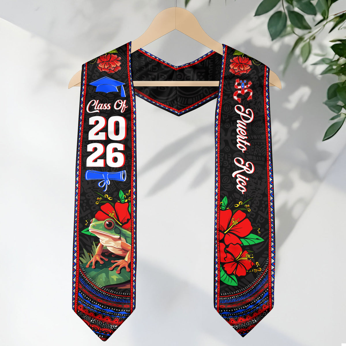 Puerto Rico Coqui Frog Hibiscus Flower Heritage Class of 2026 Graduation Sash Graduation Stole