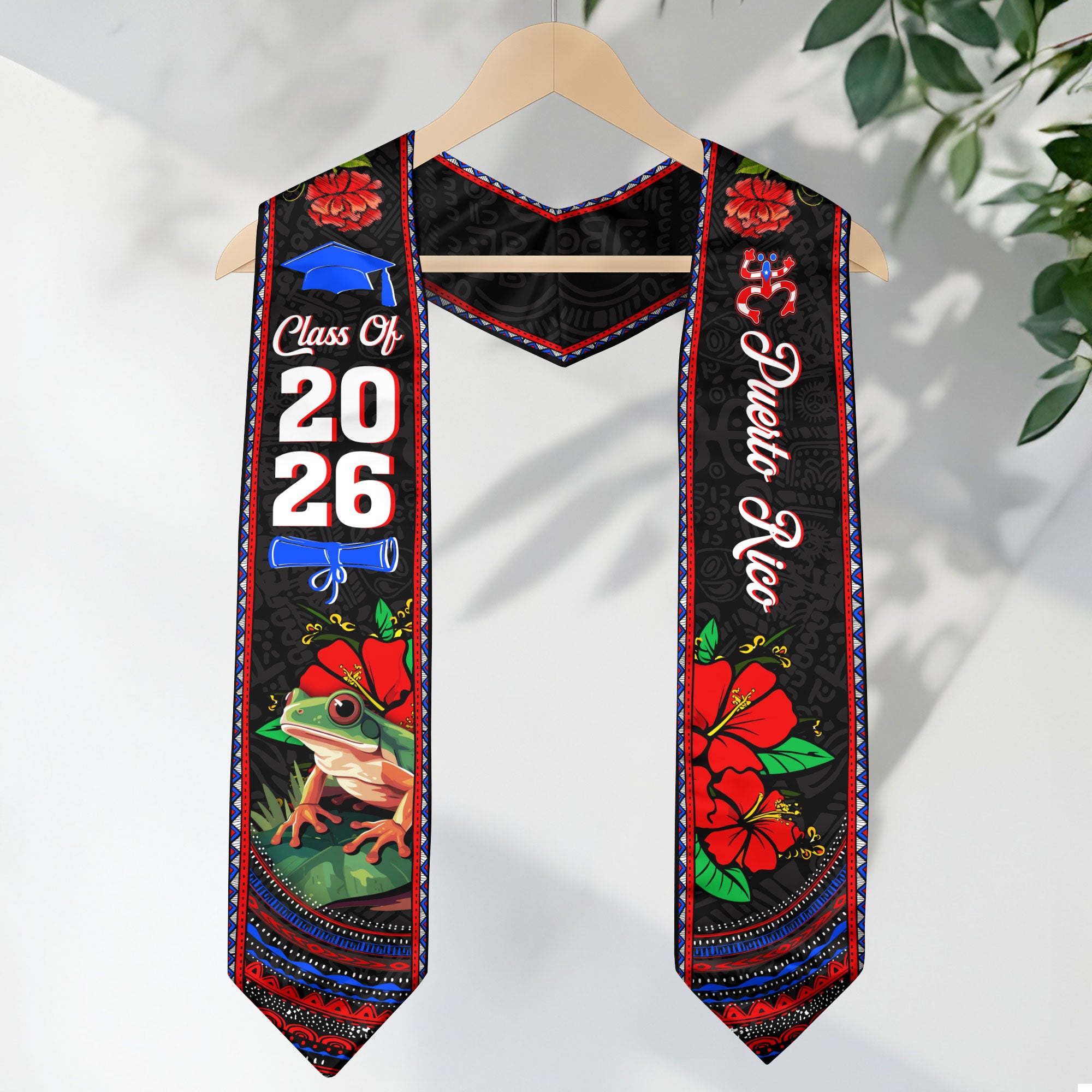 Puerto Rico Coqui Frog Hibiscus Flower Heritage Class of 2026 Graduation Sash Graduation Stole