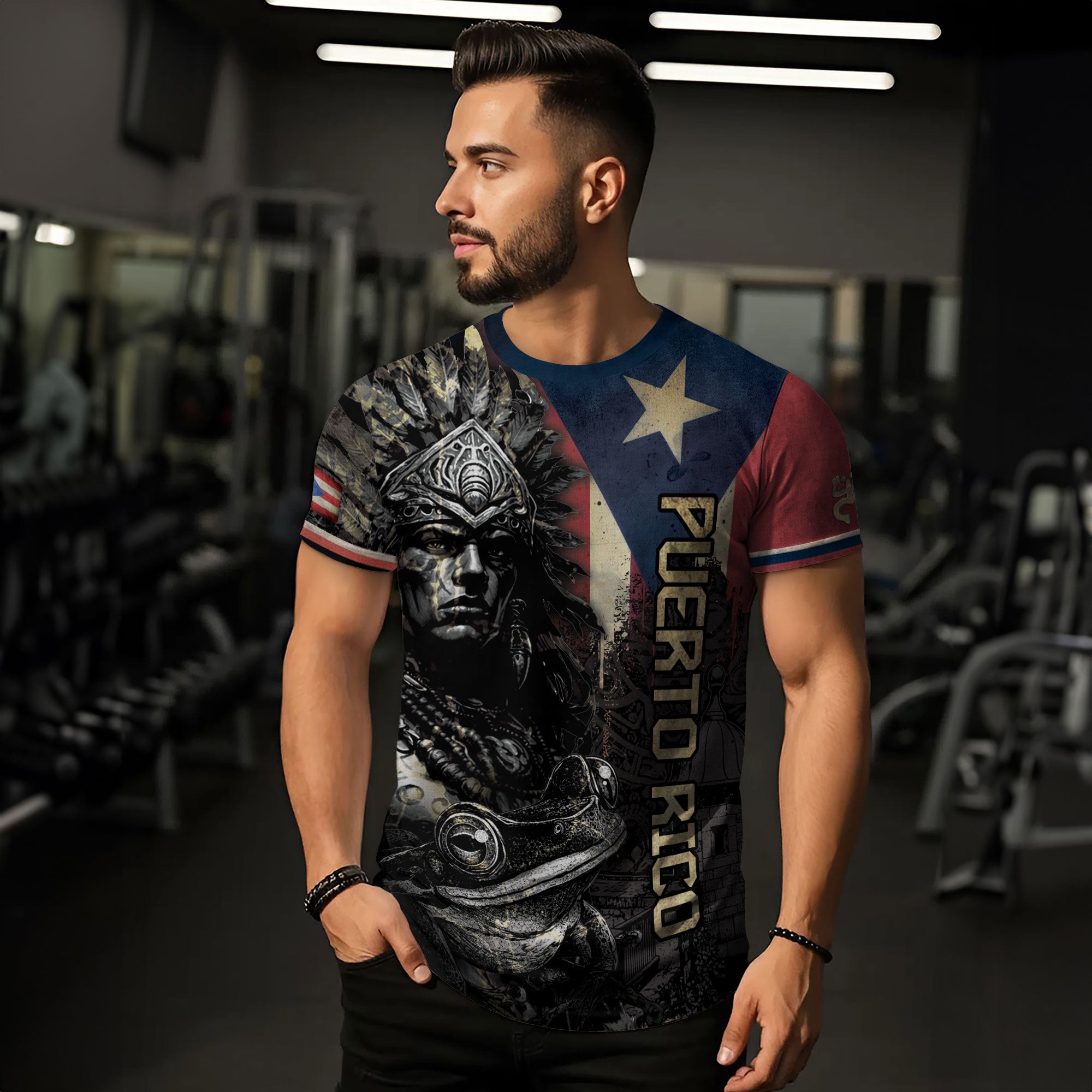 Puerto Rico Boricua Taino Warrior Coqui Frog Black Navy Red Gold National Heritage Shirt