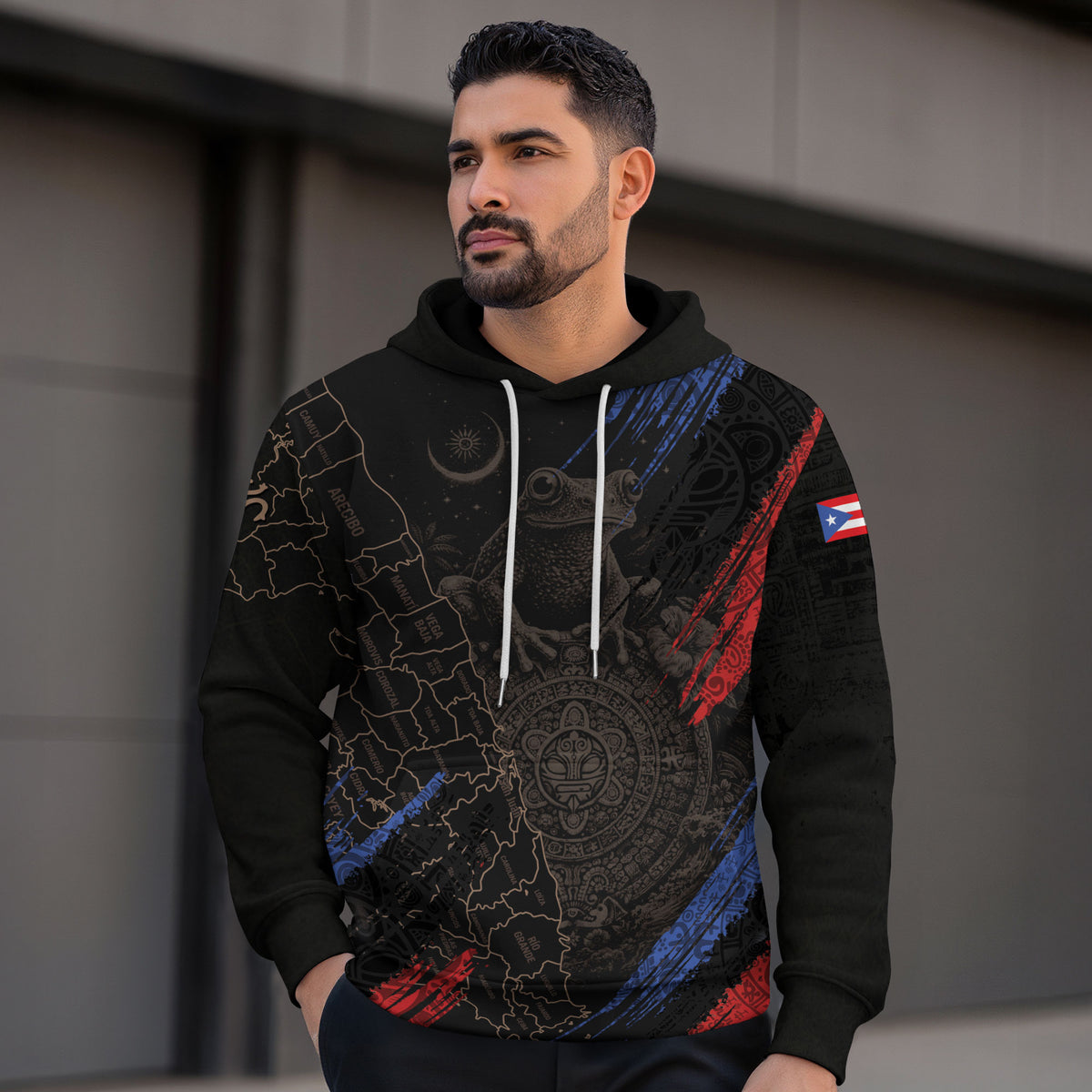 Puerto Rico Map Boricua Coqui Frog Taino Tribal Black Red Blue Heritage Hoodie