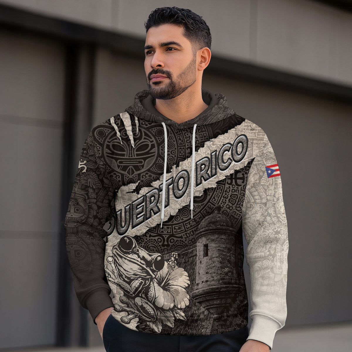 Puerto Rico Map Boricua Coqui Frog El Morro Taino Tribal Beige Gray Hoodie