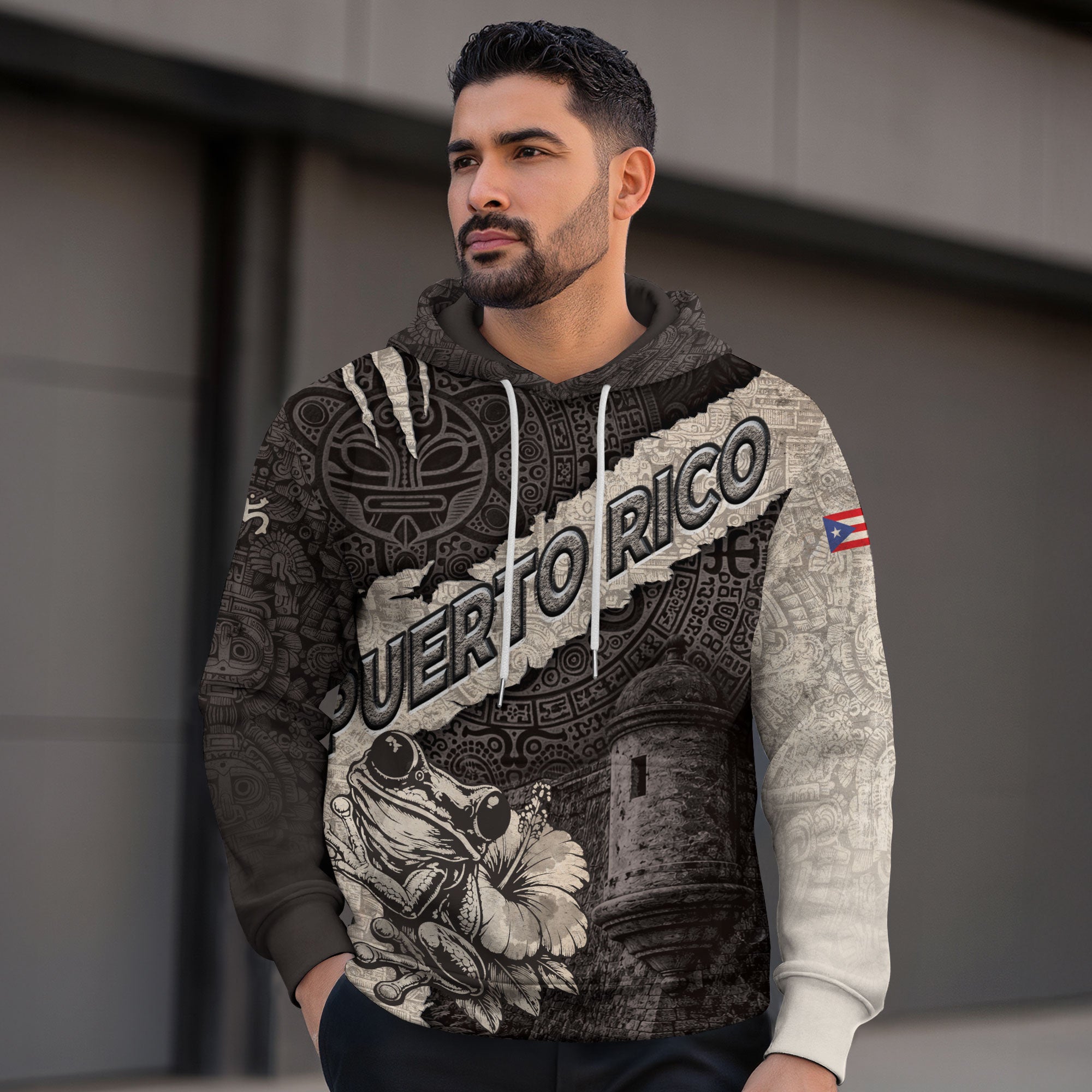 Puerto Rico Map Boricua Coqui Frog El Morro Taino Tribal Beige Gray Hoodie