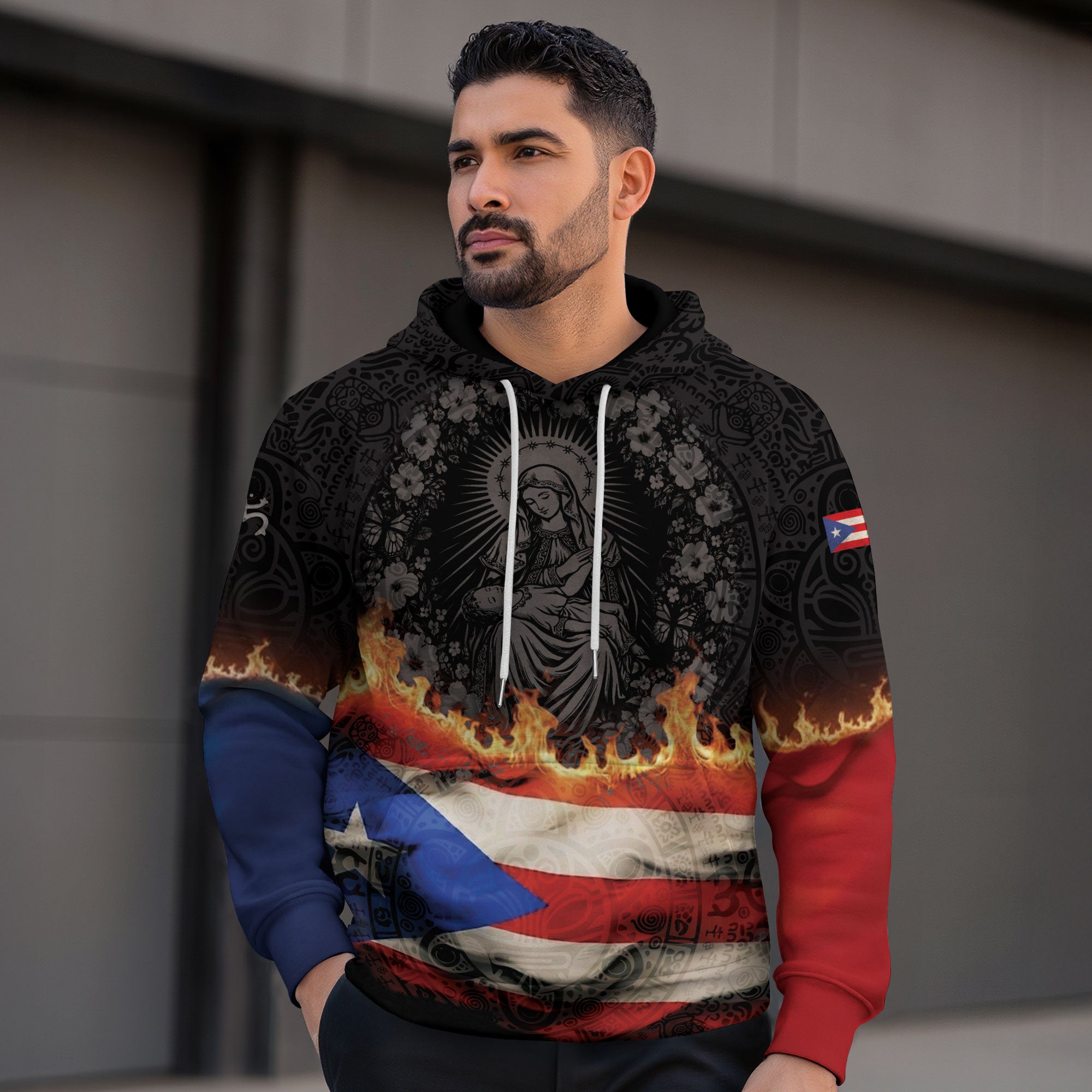 Puerto Rico Virgin Mary Catholic Flag Taino Tribal Boricua Black Red Blue Hoodie