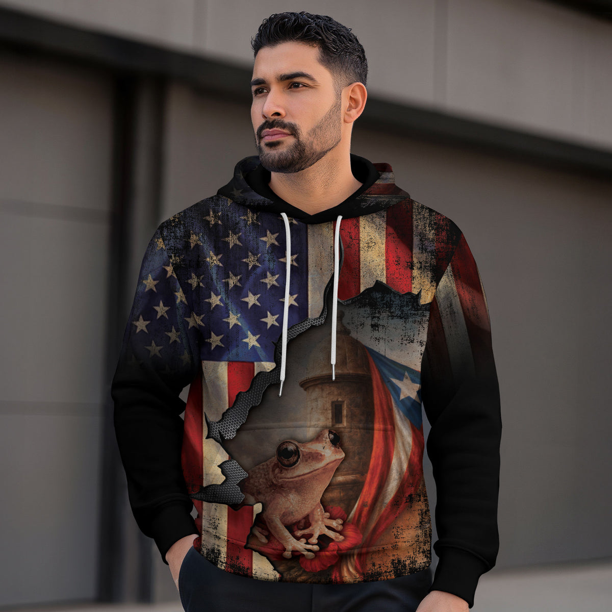 Puerto Rico USA Flag Boricua Coqui Frog El Morro Torn Black Red White Blue Hoodie