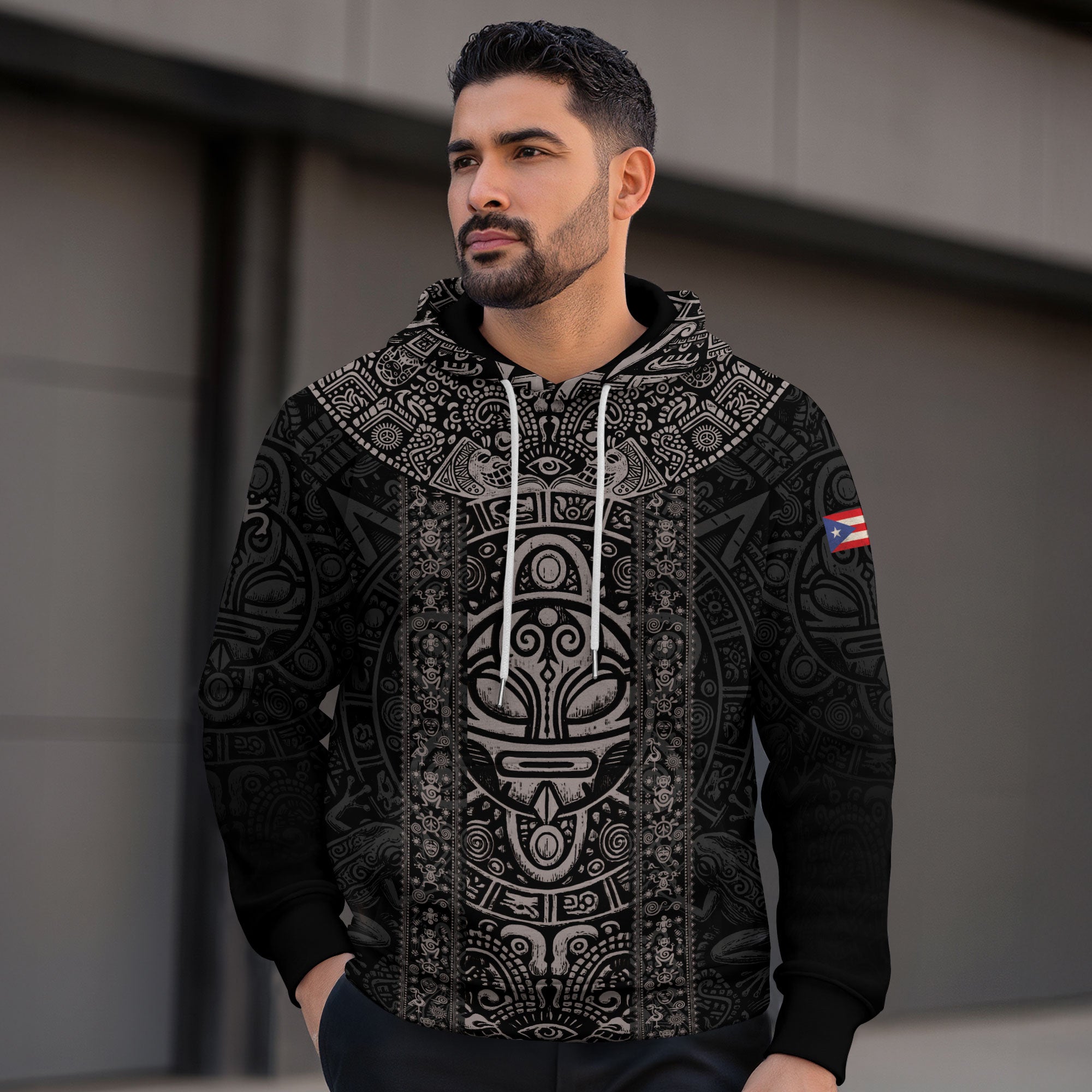 Puerto Rico Taino Tribal Mask Sun Heritage National Pride Black Boricua Hoodie