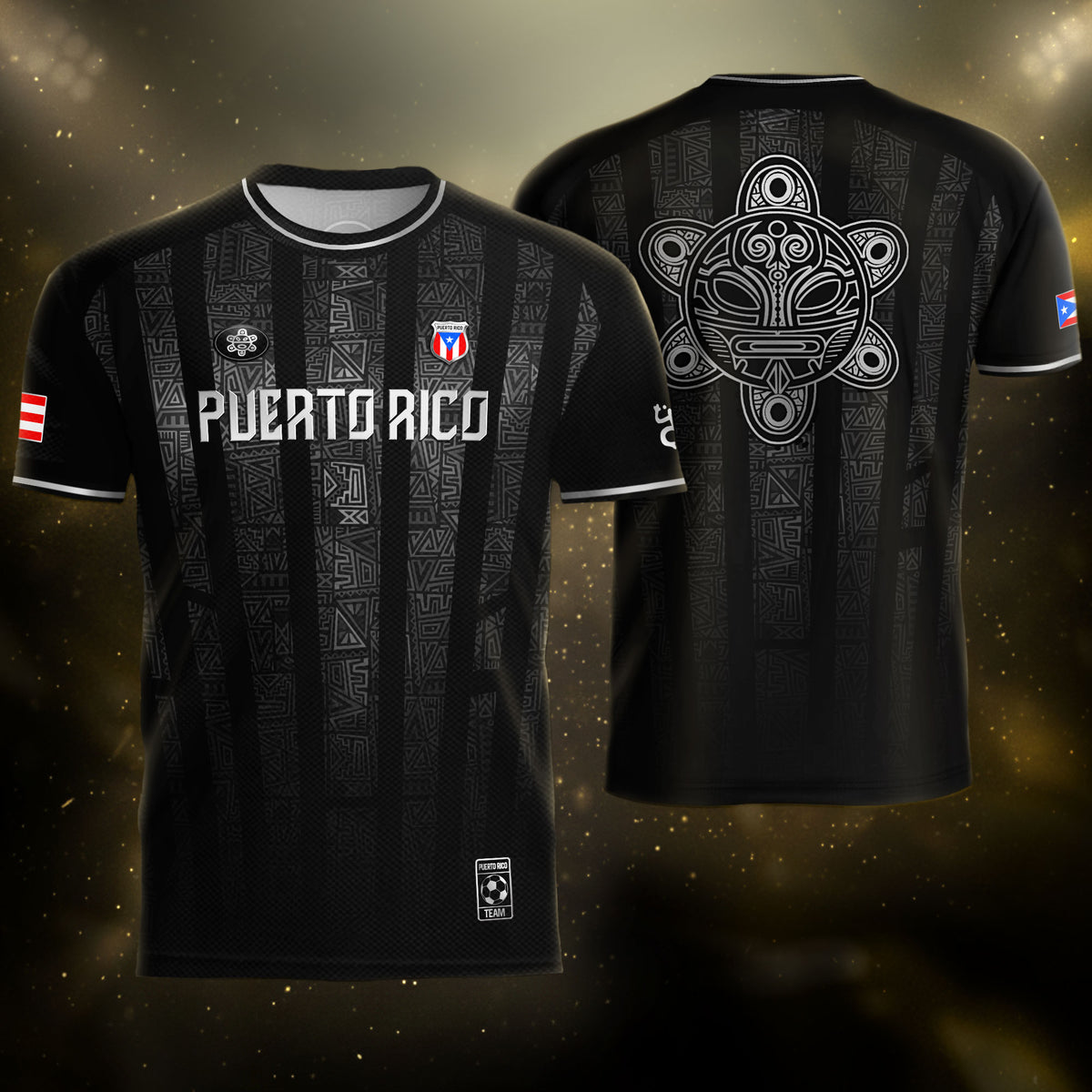 Camiseta de fútbol boricua con símbolo tribal negro y plateado de Puerto Rico