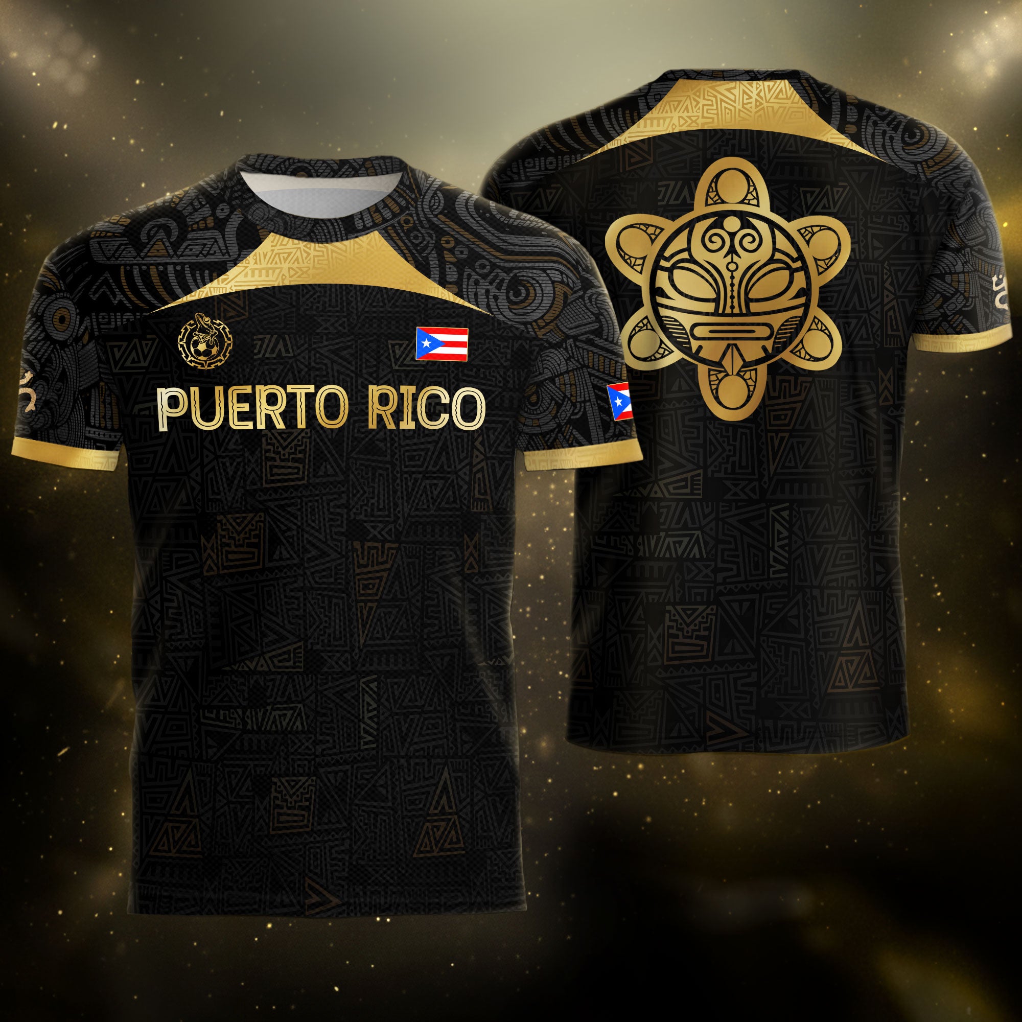 Puerto Rico Black Gold Tribal Graphic Taino Sun National Heritage Soccer Jersey