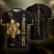 Puerto Rico Soccer Jersey in Black Gold for Men and Women, Side Taino Sun National Heritage, Puerto Rico Shirt and Puerto Rico Jersey, Northryn Co.