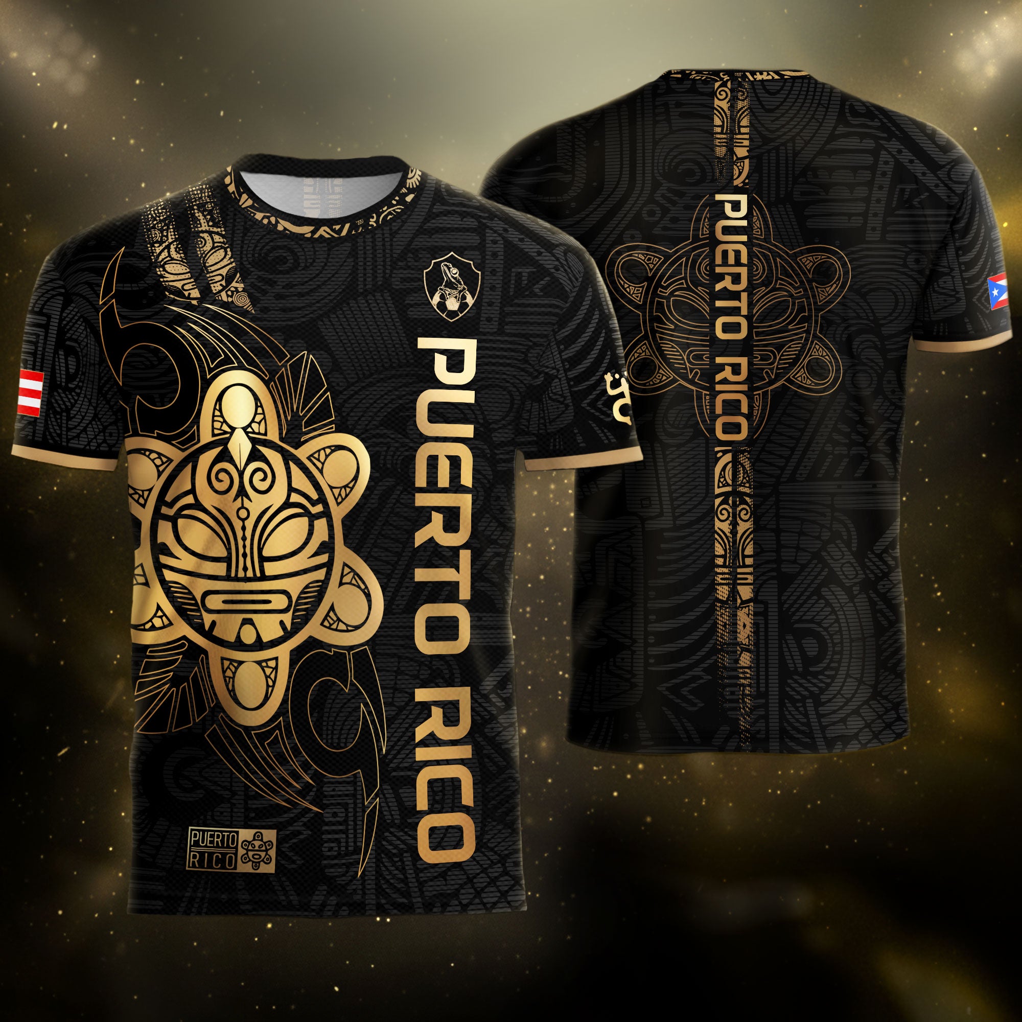 Camiseta de fútbol Puerto Rico Black Gold Side Taino Sun National Heritage Boricua Pride