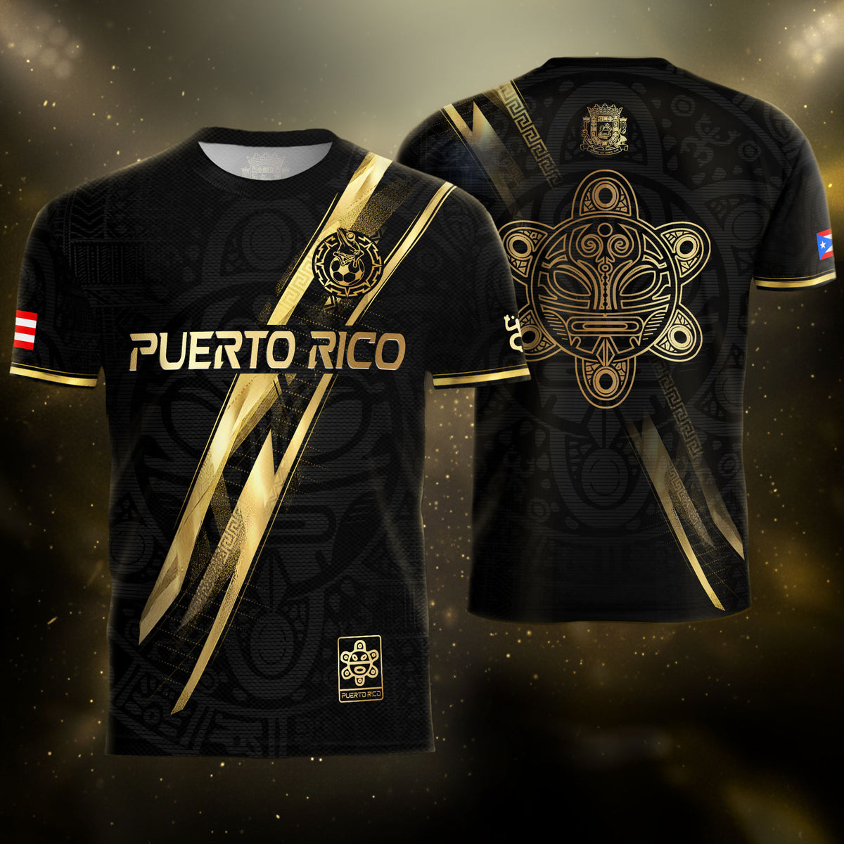 Camiseta de fútbol de herencia nacional del Sol Taino con gráfico de relámpago dorado negro de Puerto Rico