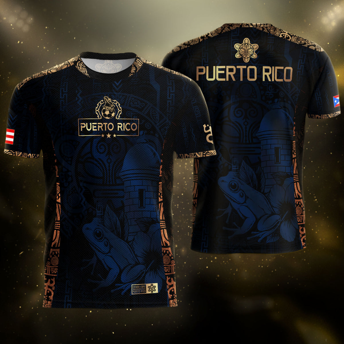 Camiseta de fútbol del Orgullo Boricua con la Herencia Nacional Floral del Sol Taino Dorado de la Marina de Puerto Rico