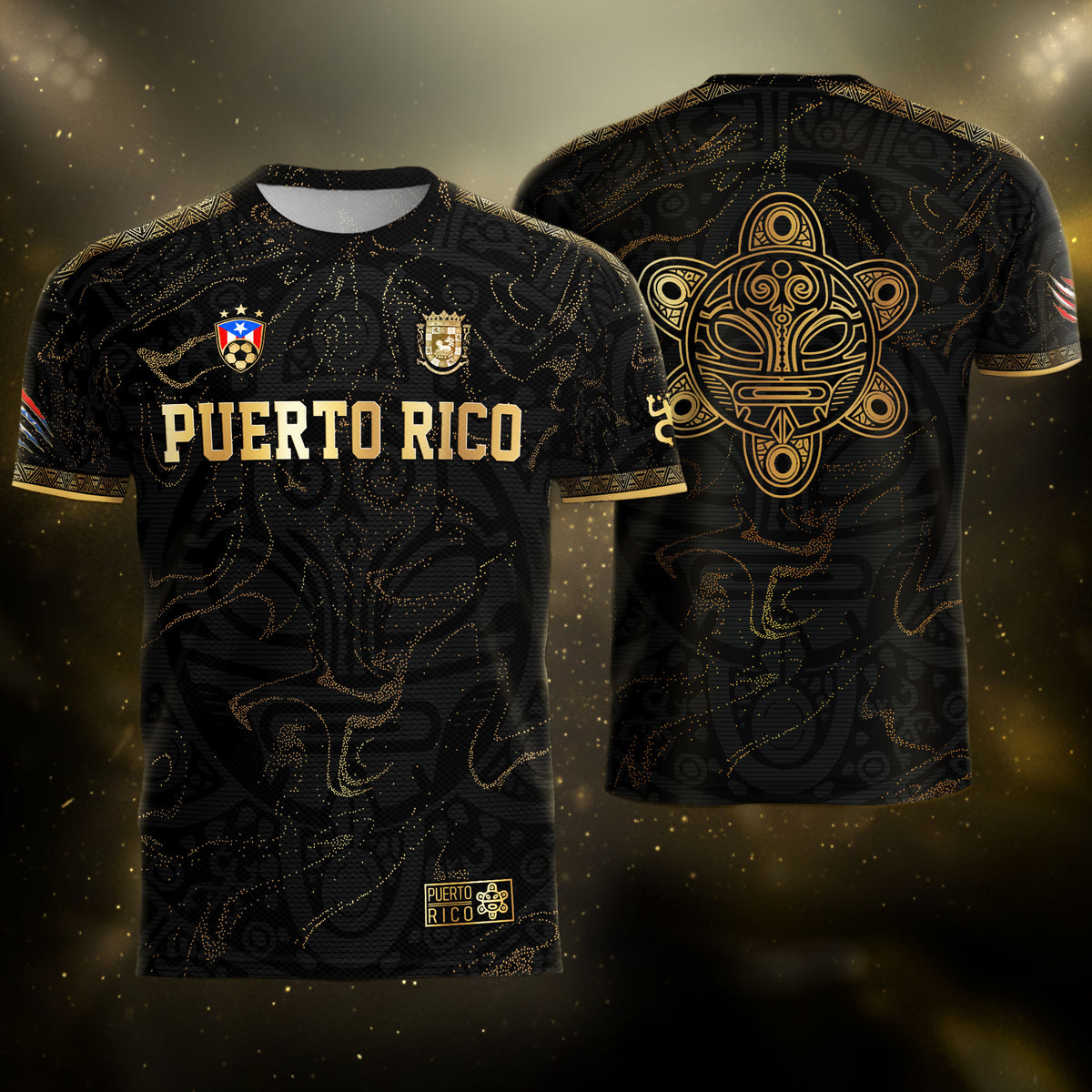 Camiseta de fútbol boricua de la herencia nacional del Sol Taino abstracto de Puerto Rico en negro y dorado