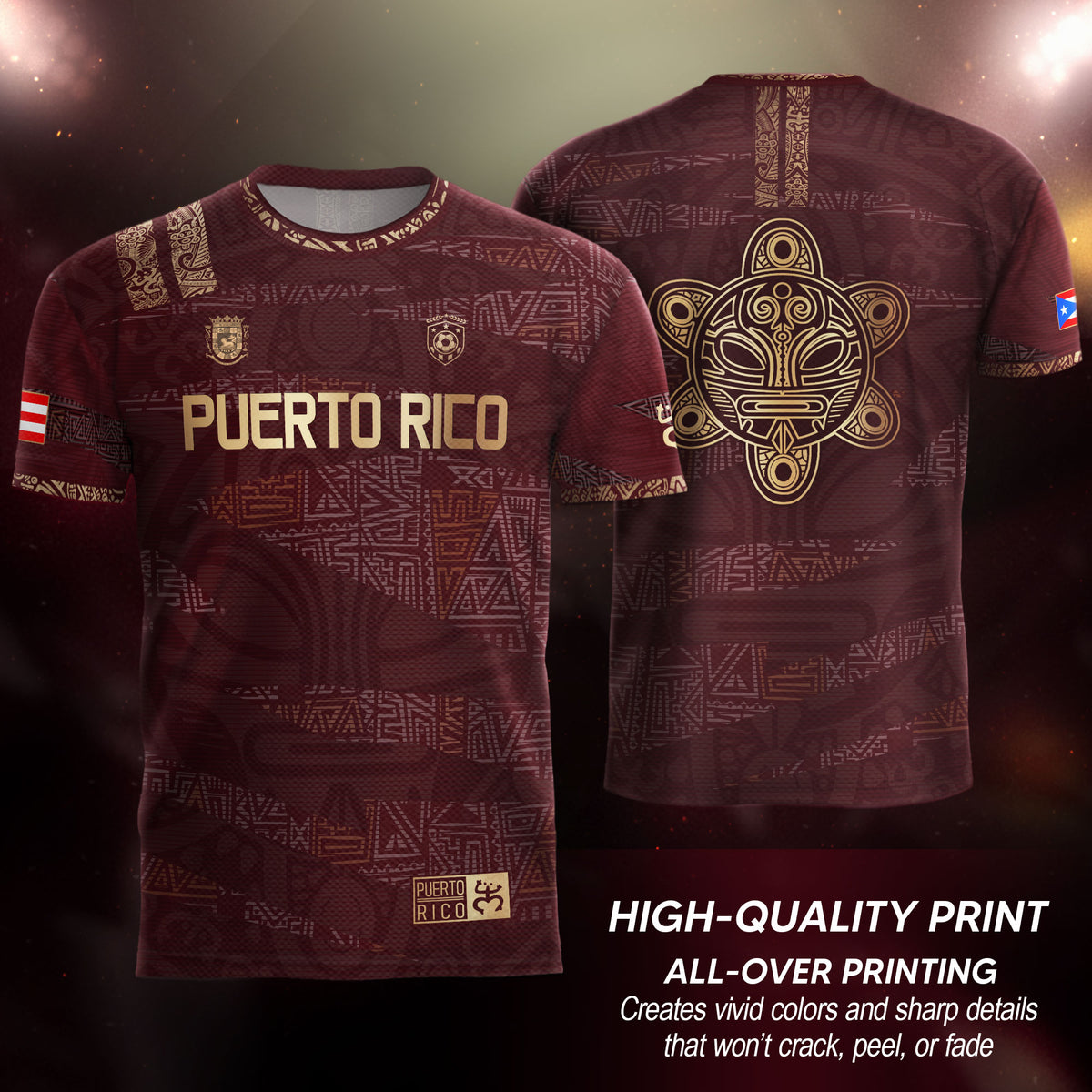 Camiseta de fútbol boricua de la herencia nacional con patrón tribal taíno dorado granate de Puerto Rico