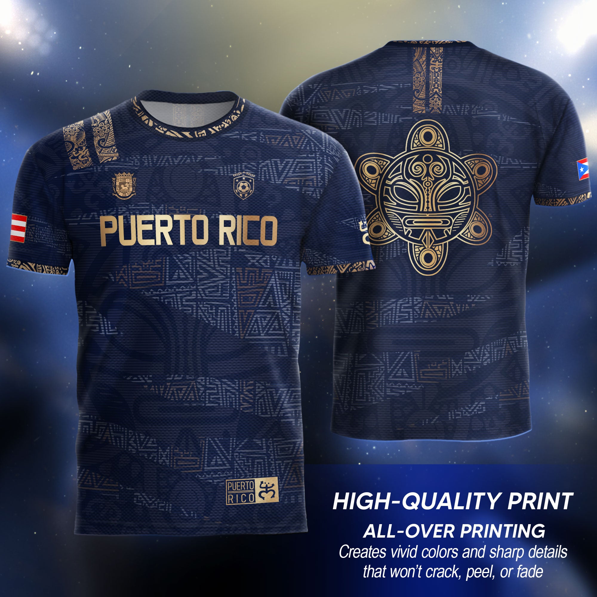 Puerto Rico Navy Gold Taino Tribal Pattern National Heritage Boricua Soccer Jersey