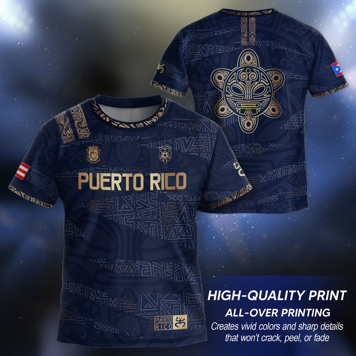Puerto Rico Kids Youth Navy Gold Taino Tribal Pattern National Heritage Boricua Soccer Jersey