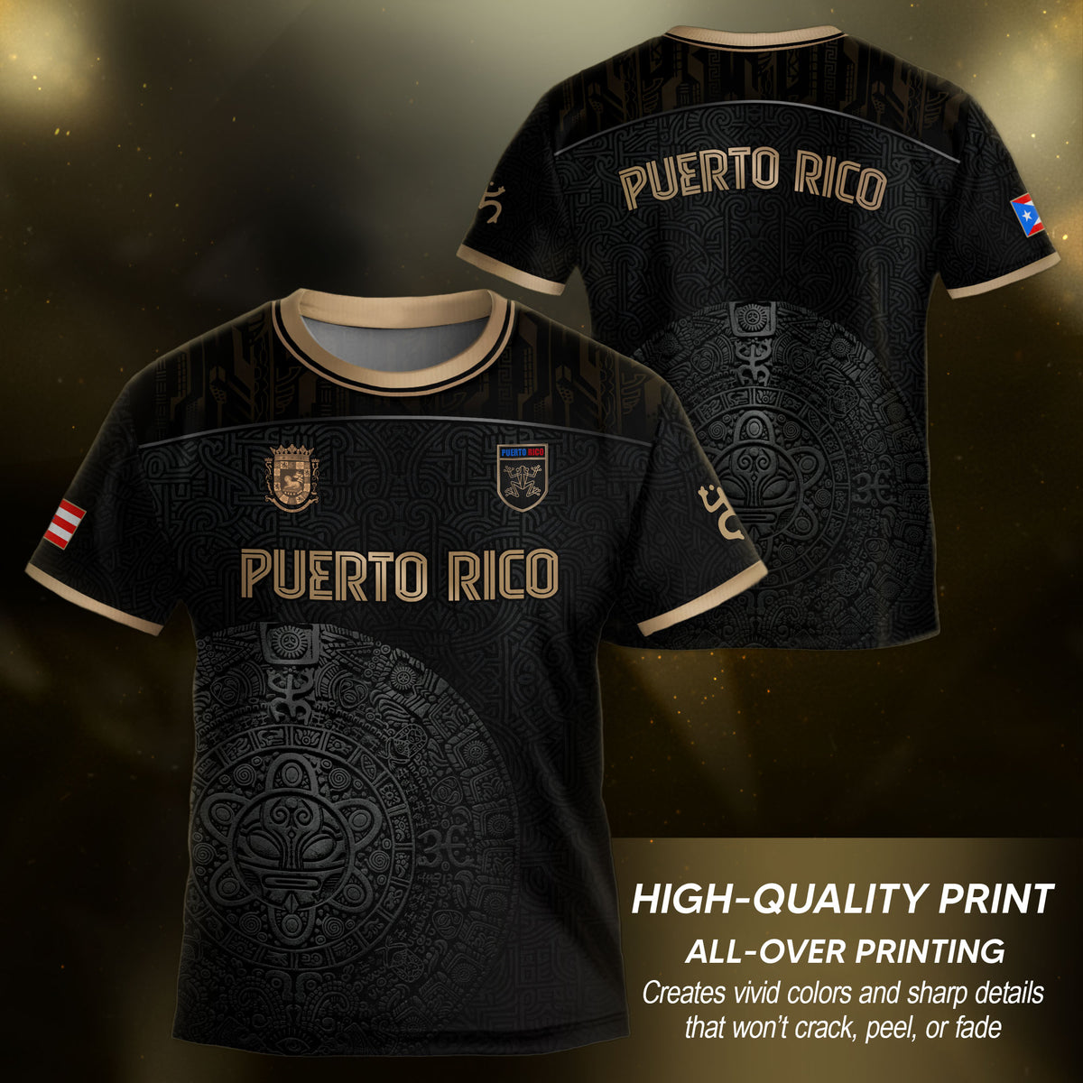 Puerto Rico Kids Youth Black Gold Taino Sun National Heritage Boricua Soccer Jersey