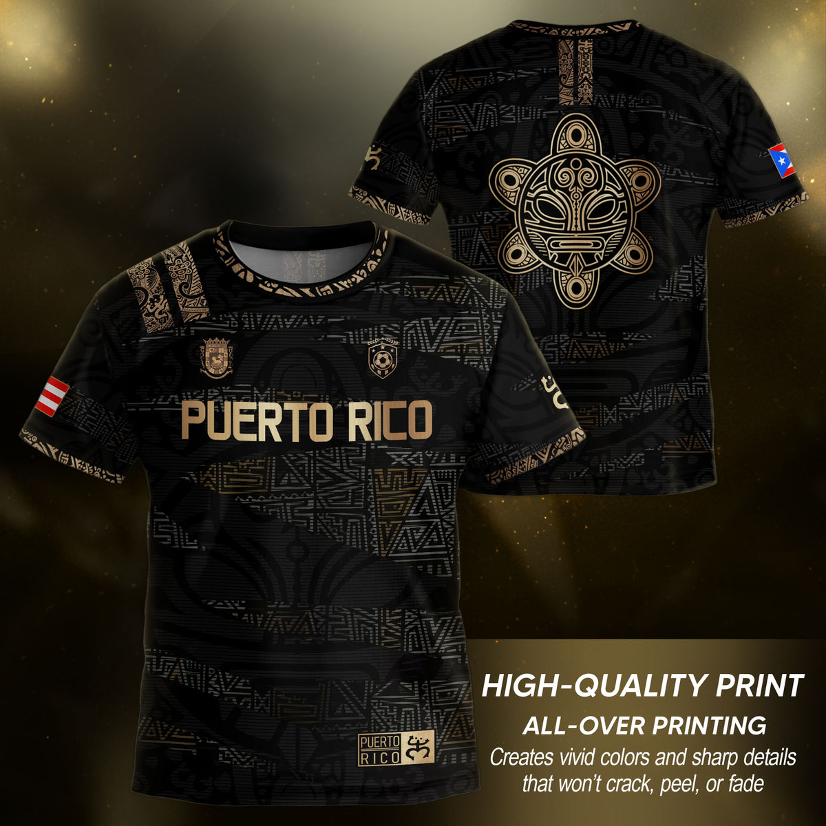 Puerto Rico Kids Youth Black Gold Taino Tribal Pattern National Heritage Soccer Jersey