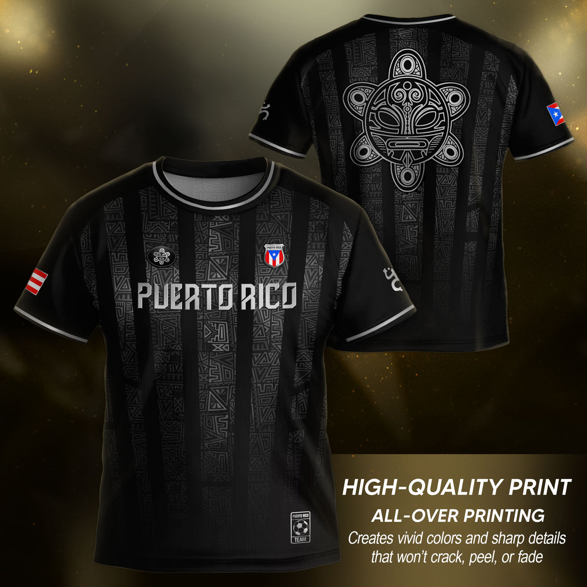 Puerto Rico Kids Youth Black Silver Taino Tribal Vertical Stripes Heritage Soccer Jersey