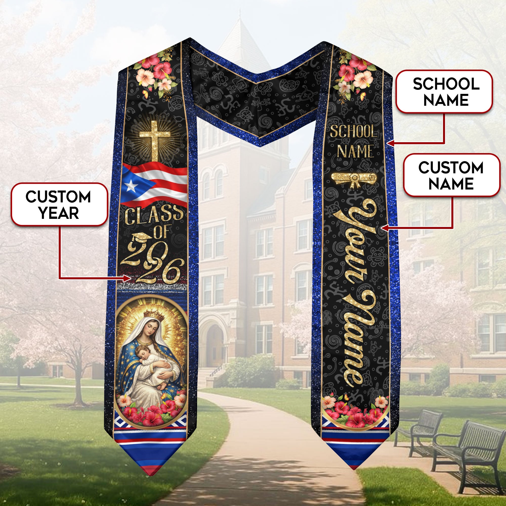 Custom Puerto Rico Graduation Stole Class of 2026 Virgin Mary Cross Catholic Sash Gift