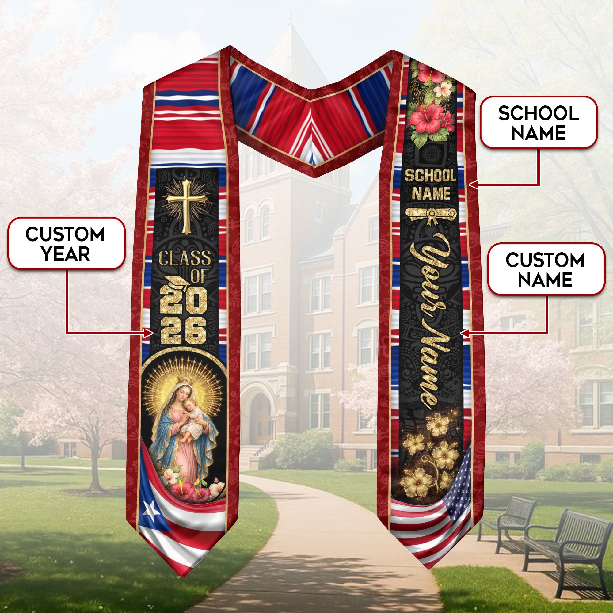 Custom Graduation Stole Class of 2026 Puerto Rico Virgin Mary Personalized Name Sash