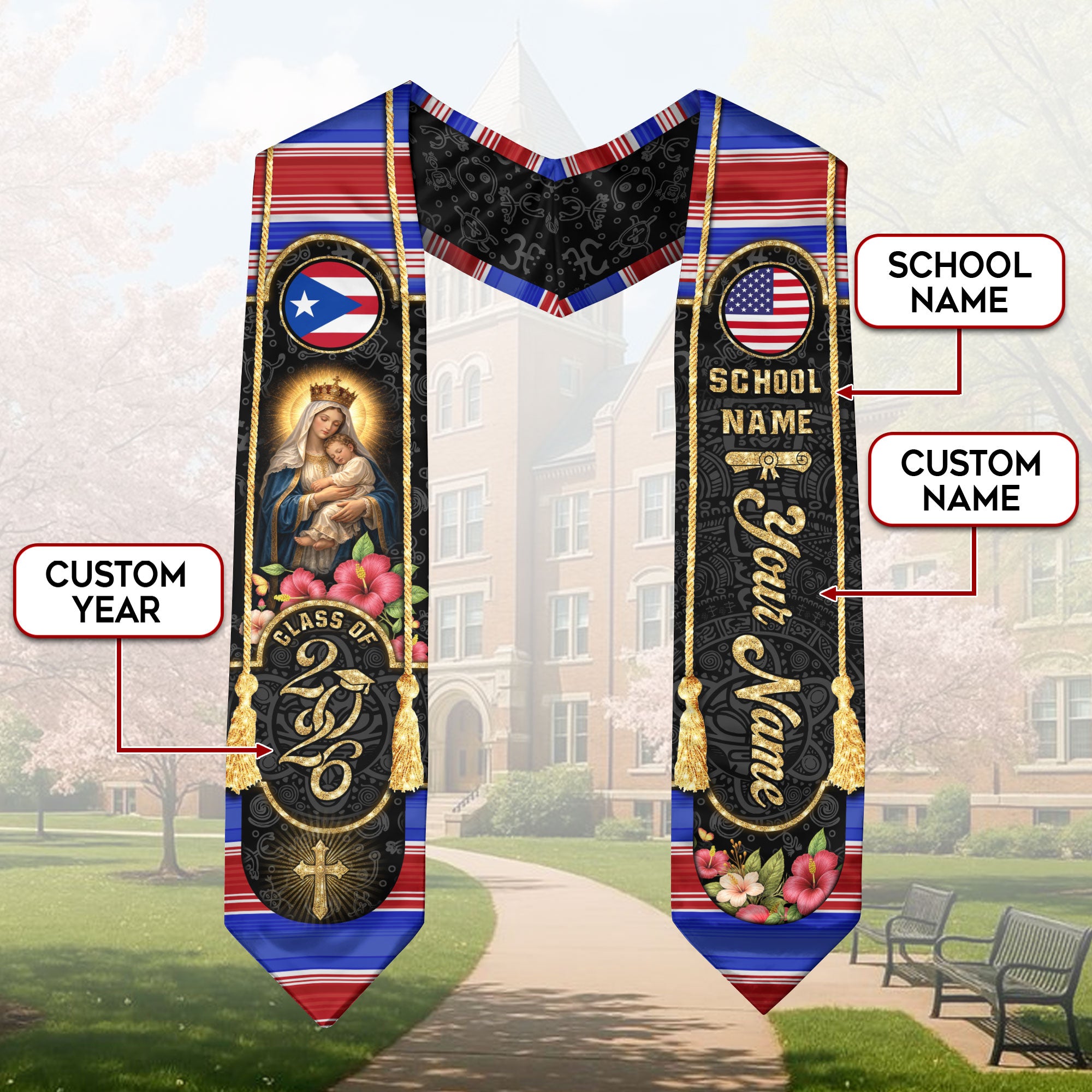 Custom Graduation Stole Class of 2026 Puerto Rico USA Virgin Mary Personalized Name Sash