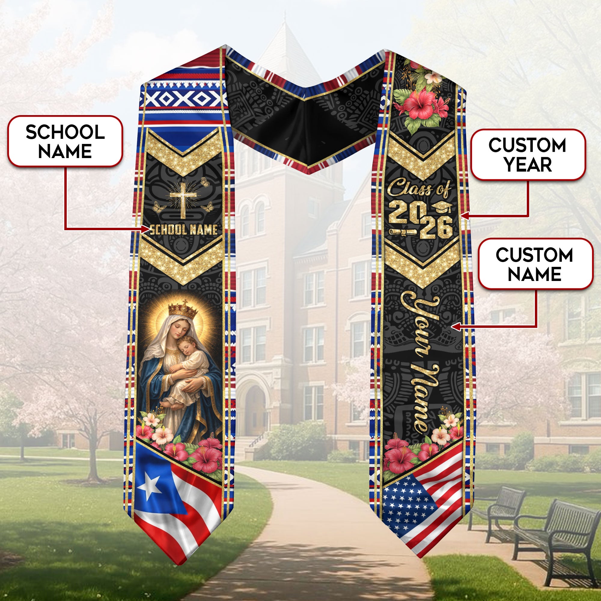 Custom Puerto Rico USA Graduation Stole 2026 Virgin Mary Cross Catholic Heritage Sash Gift