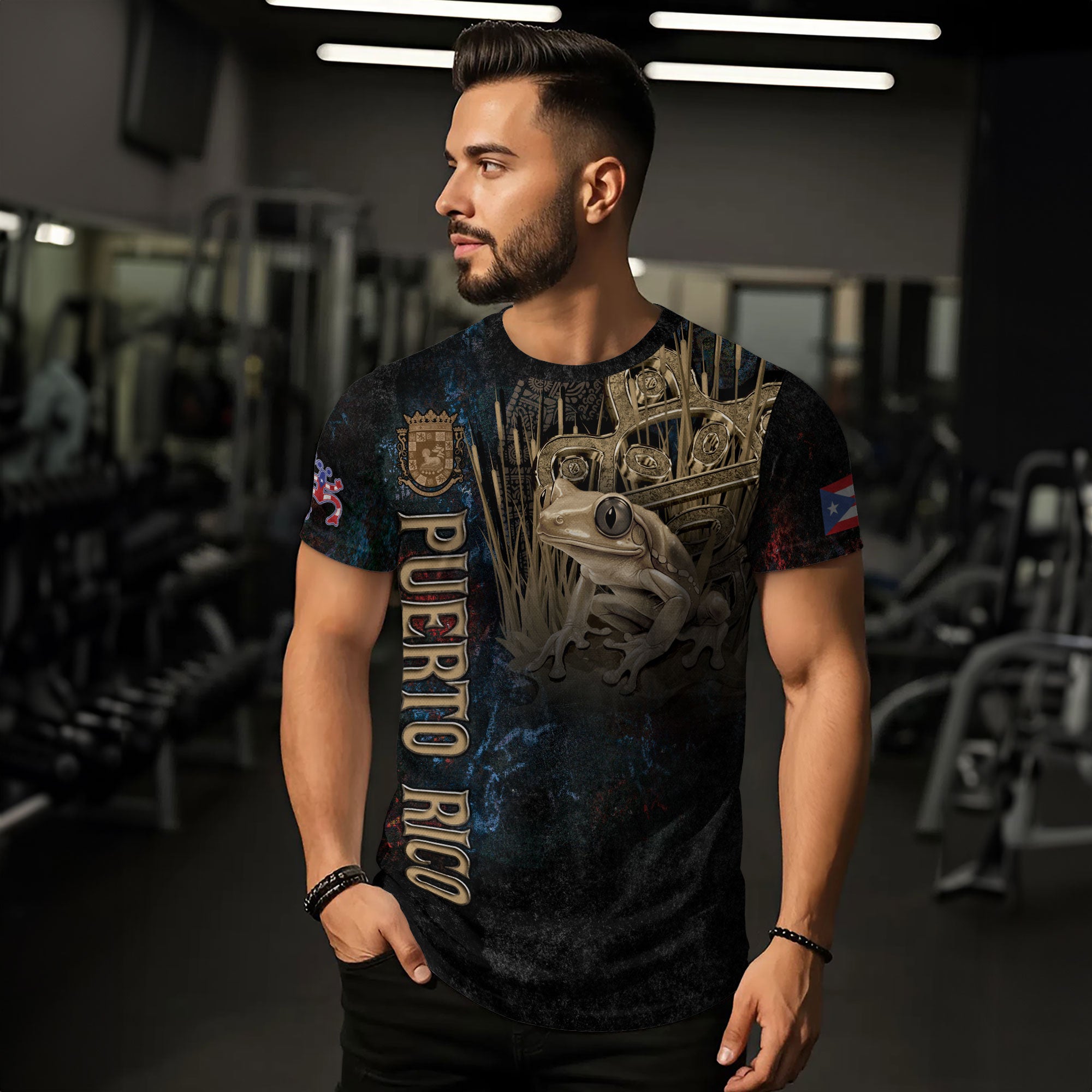 Puerto Rico Coqui Frog Taino Heritage Boricua Pride Gold Emblem Black Shirt