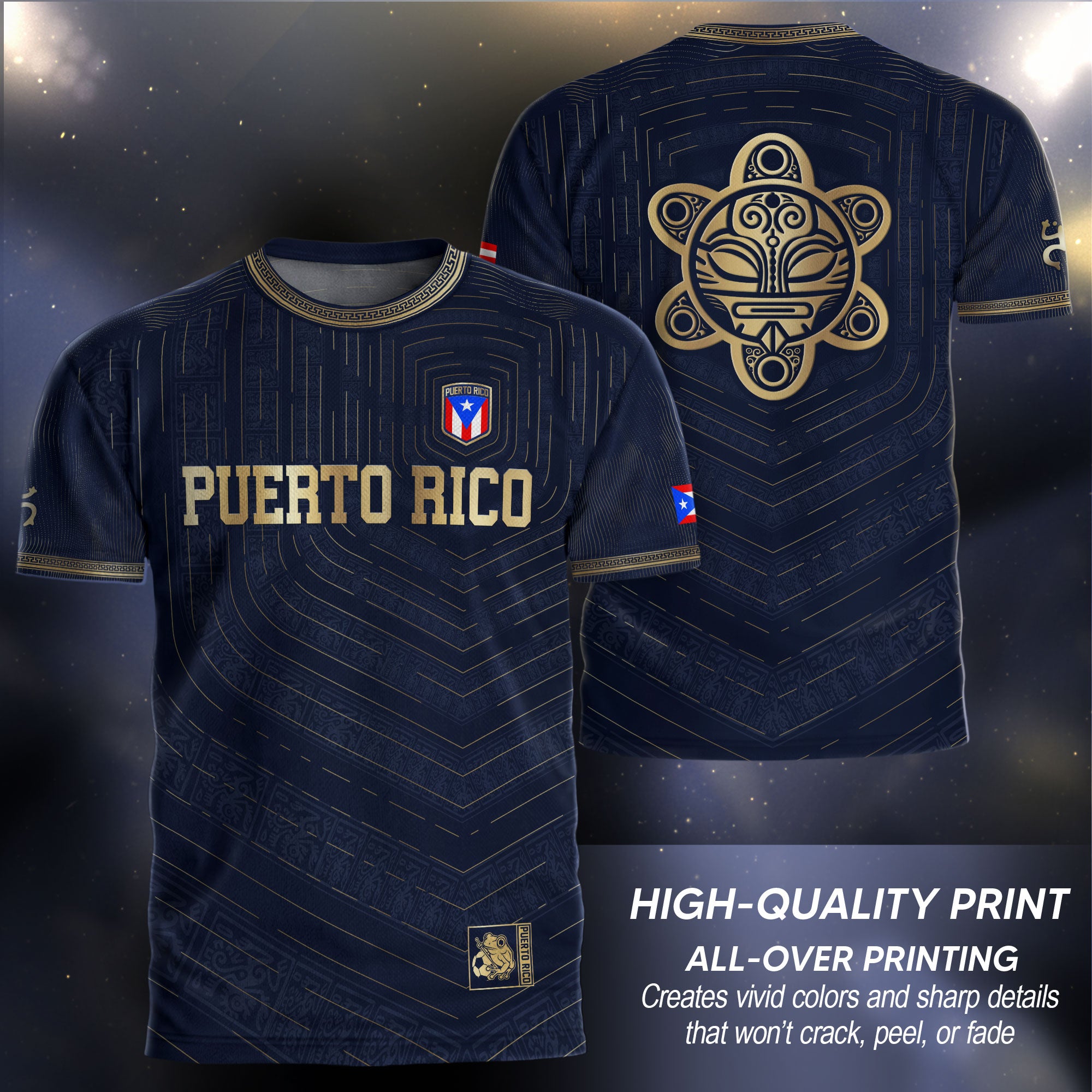 Puerto Rico Boricua Coqui Frog Taino Tribal National Soccer Jersey Navy Gold