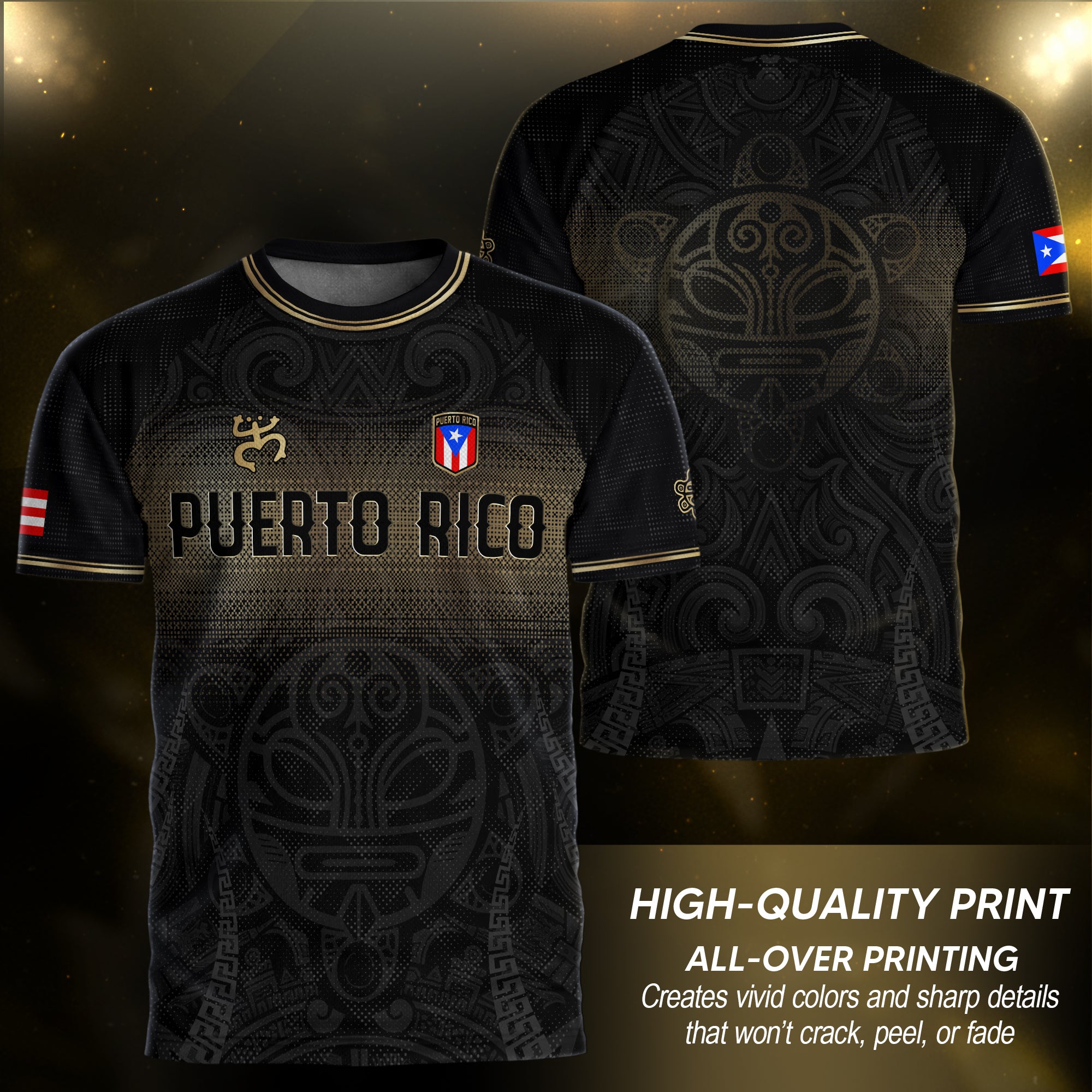 Puerto Rico Boricua Coqui Frog Taino Tribal National Soccer Jersey Black Gold