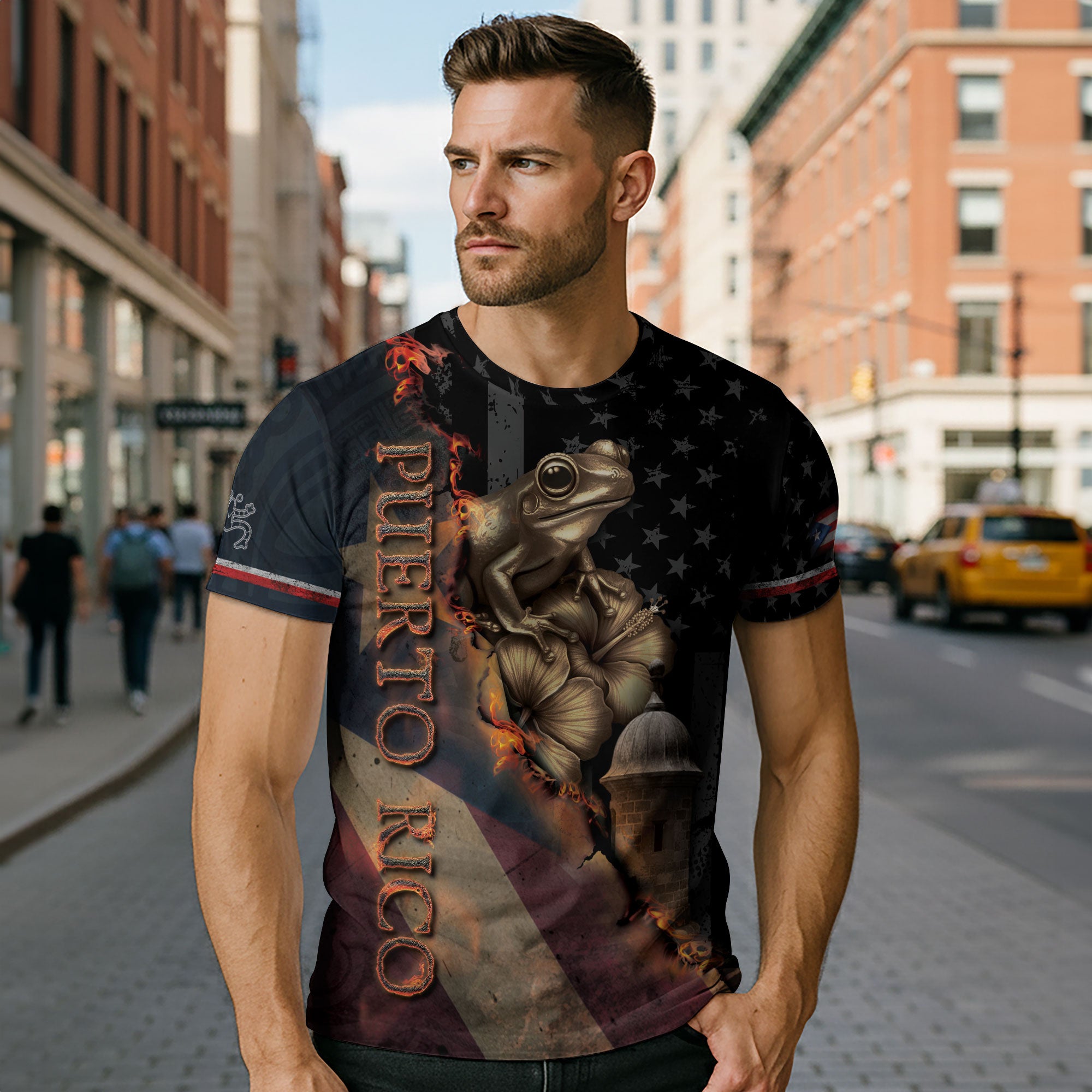 Bandera de Puerto Rico Coqui Hibiscus Taino Heritage Pride Boricua Fire Spirit Shirt