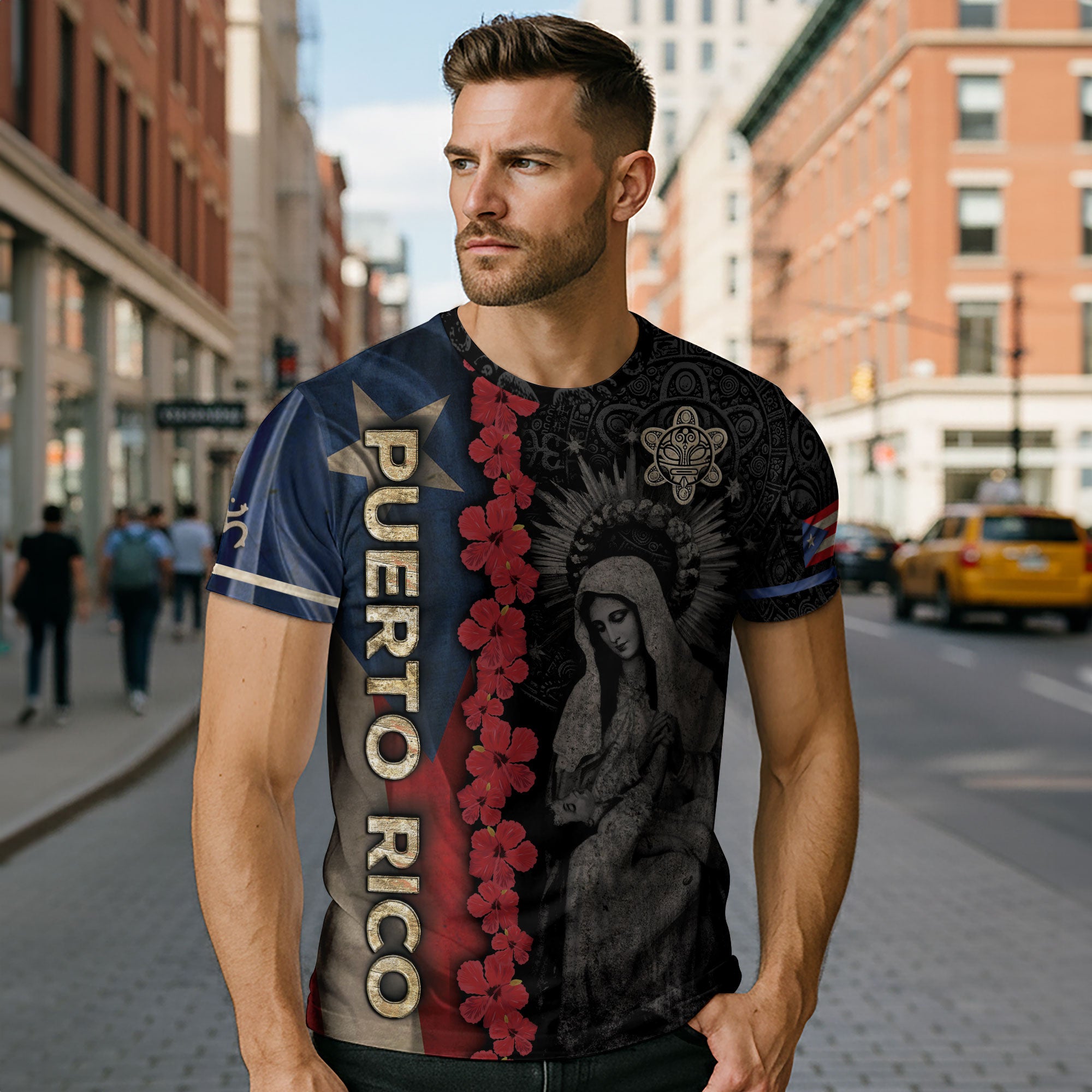 Puerto Rico Flag Virgin Mary Hibiscus Taino Heritage Pride Faith Boricua Shirt