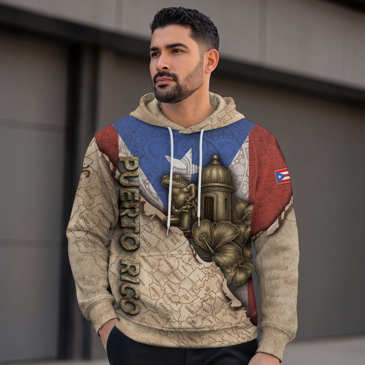 Puerto Rico Culture Map Coqui Frog Garita Boricua Pride Heritage Beige Mens Hoodie