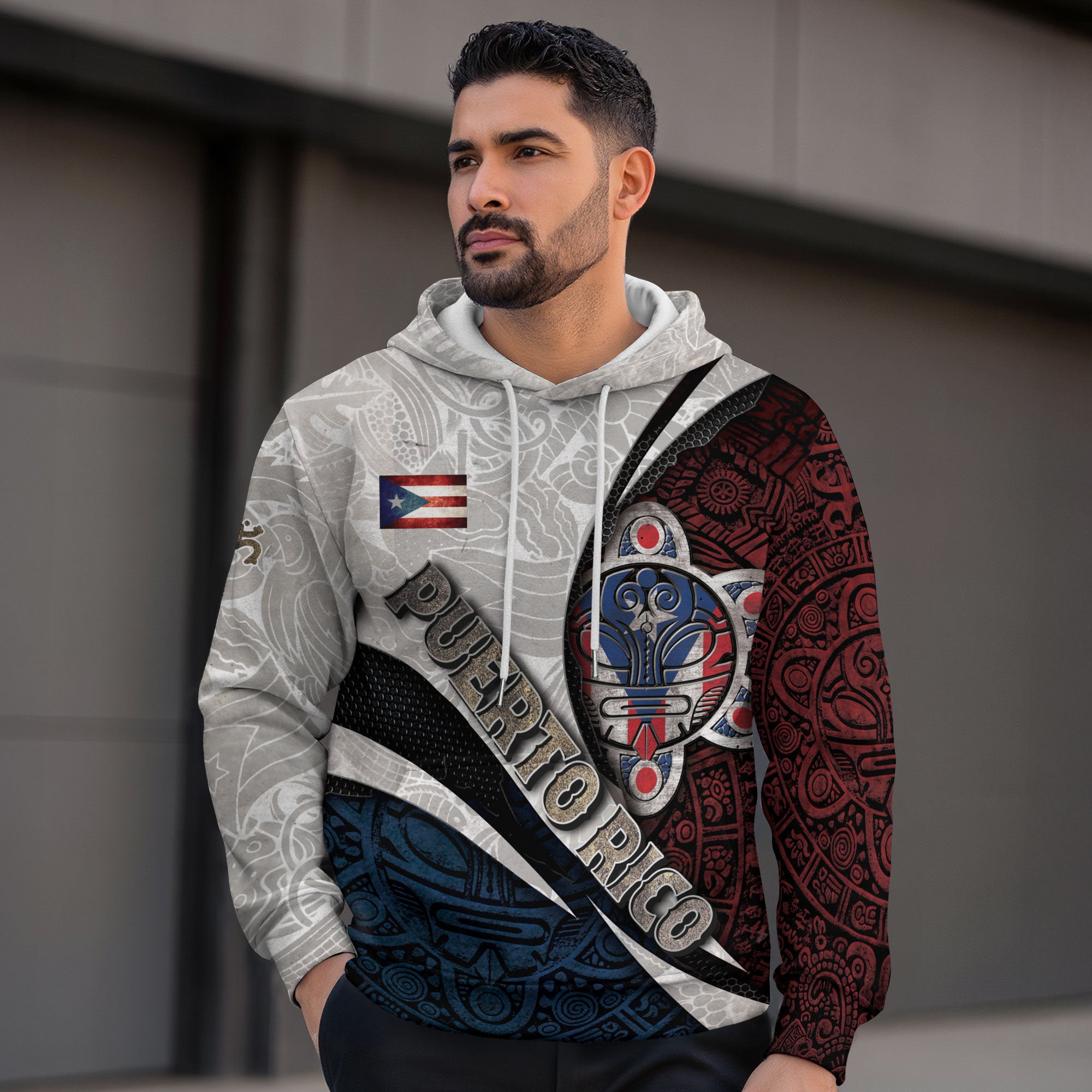 Puerto Rico Boricua Taino Sun Mask Tribal National White Red Blue Pride Hoodie