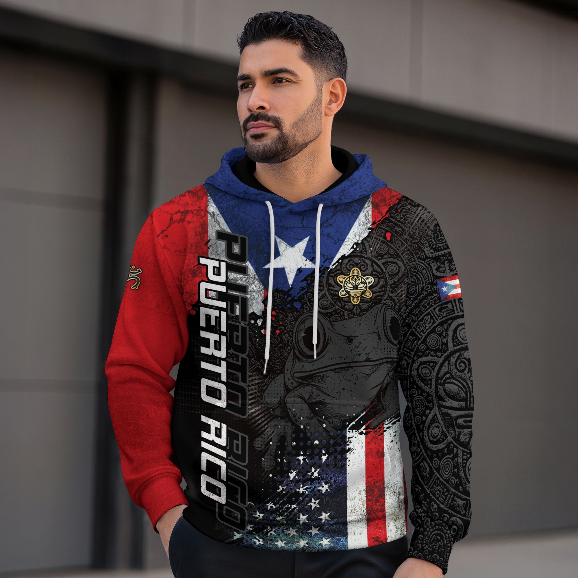Puerto Rico Flag Coqui Frog El Morro Boricua Tribal Black Red Blue Heritage Hoodie