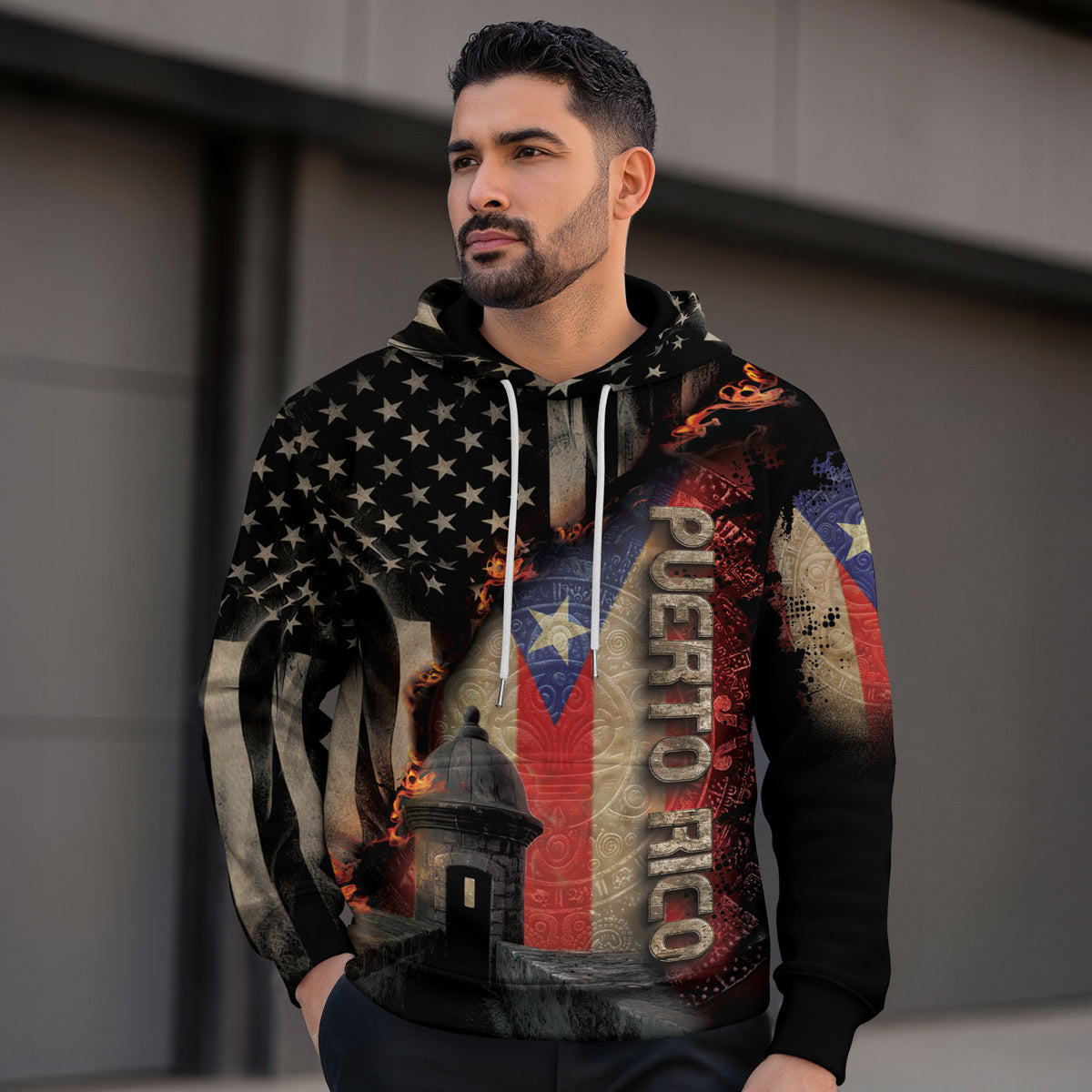 Puerto Rico USA Flag Boricua El Morro Taino Tribal Black Gold Heritage Hoodie