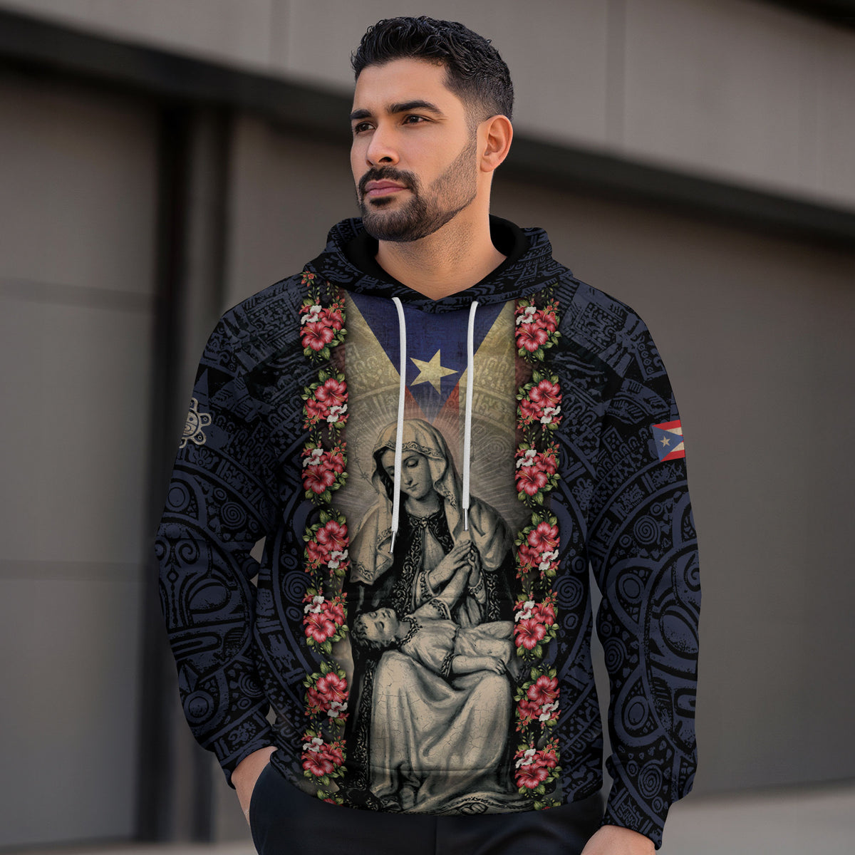 Puerto Rico Flag Boricua Virgin Mary Hibiscus Black Navy Tribal Heritage Hoodie
