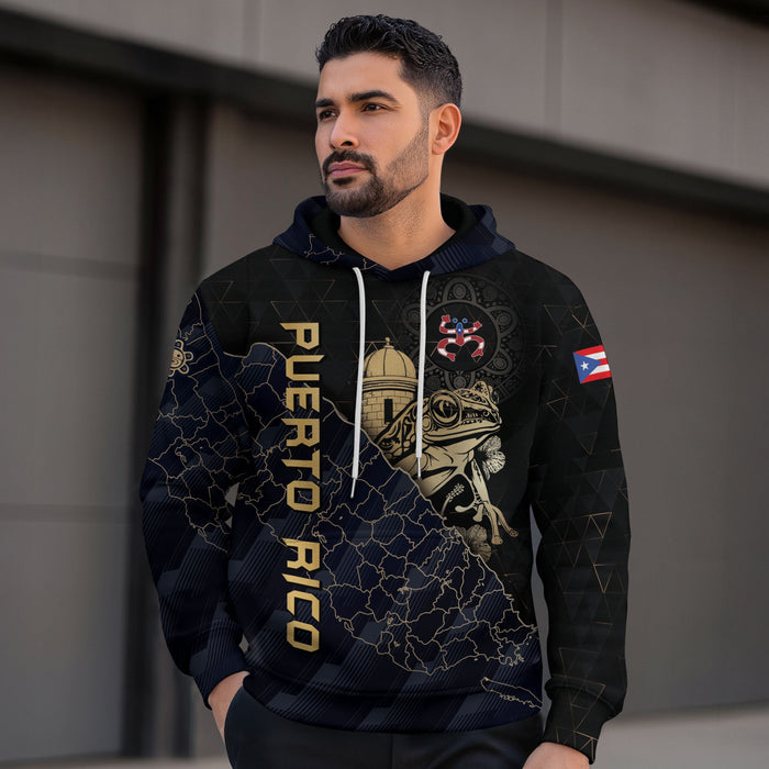 Map Boricua Black Navy Puerto Rico Hoodies, Coqui Frog El Morro Taino Tribal Gold, All Over Print Hoodies with Bold 3D Hoodies Style, Northryn Co.