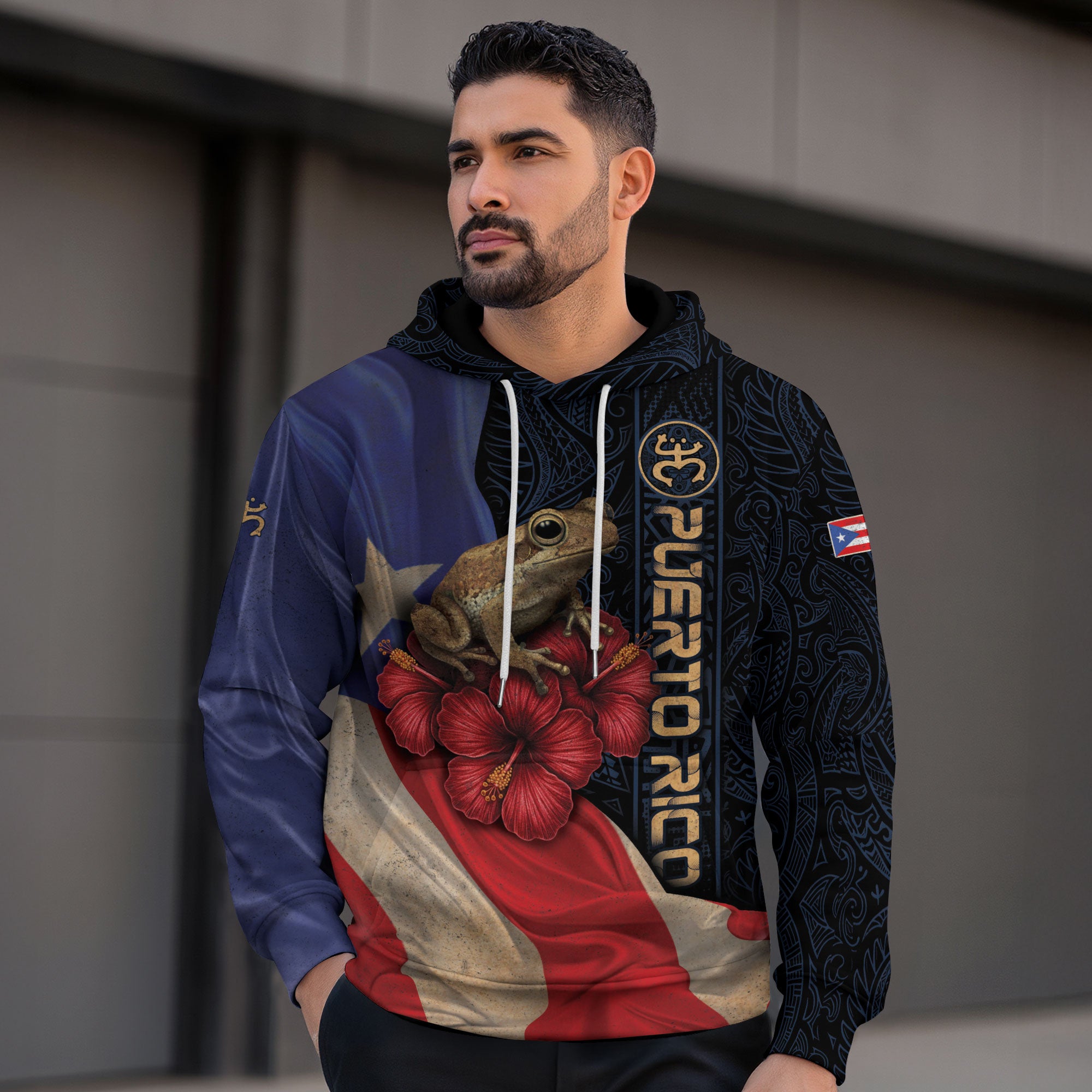 Puerto Rico Flag Boricua Coqui Frog Hibiscus Flower Taino Tribal Black Gold Hoodie